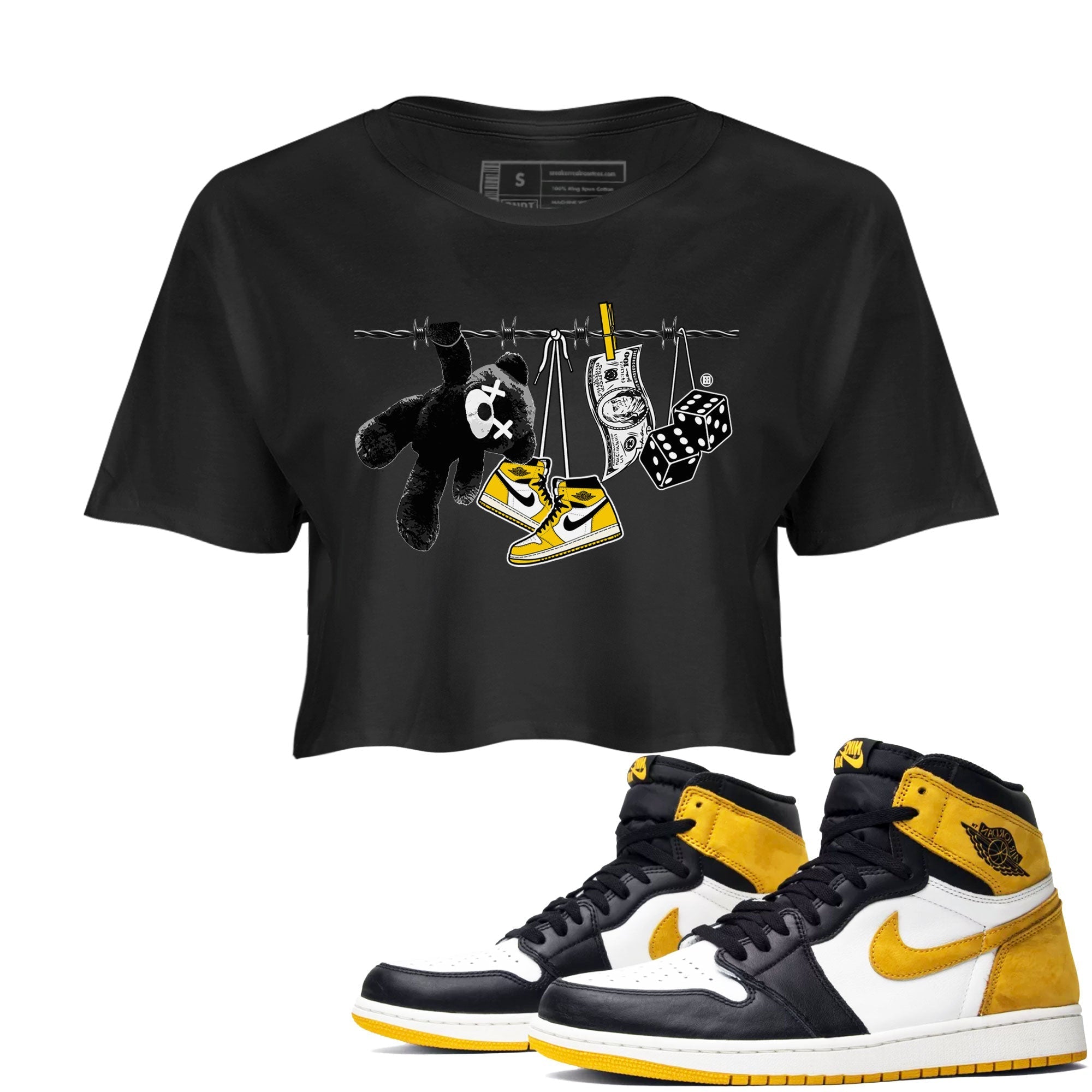 AJ1 Yellow Ochre shirt to match jordans Clothesline sneaker tees streetwear brand Air Jordan 1 Yellow Ochre Drip Gear Zone Brand Black 1 crop length shirt