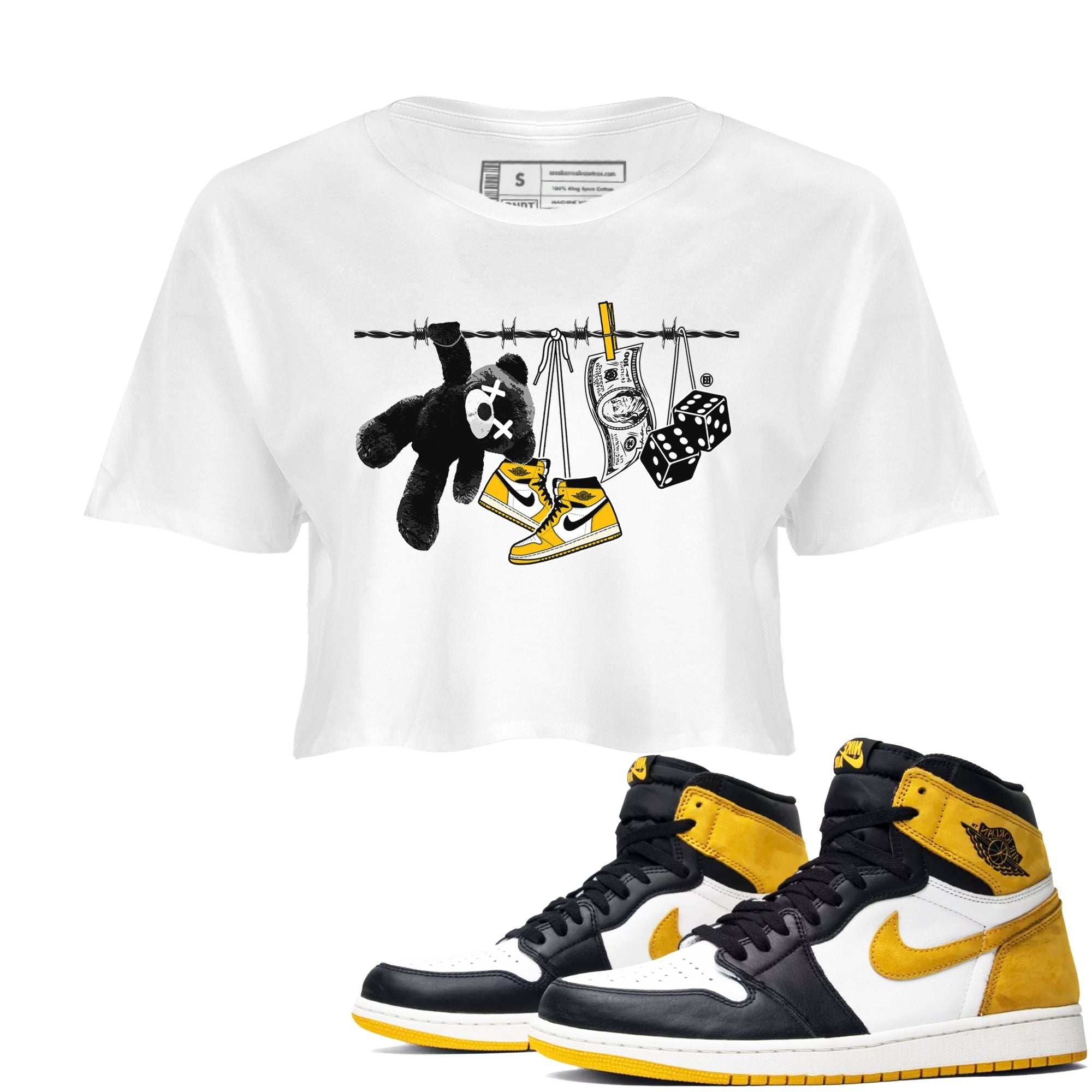 AJ1 Yellow Ochre shirt to match jordans Clothesline sneaker tees streetwear brand Air Jordan 1 Yellow Ochre Drip Gear Zone Brand White 1 crop length shirt