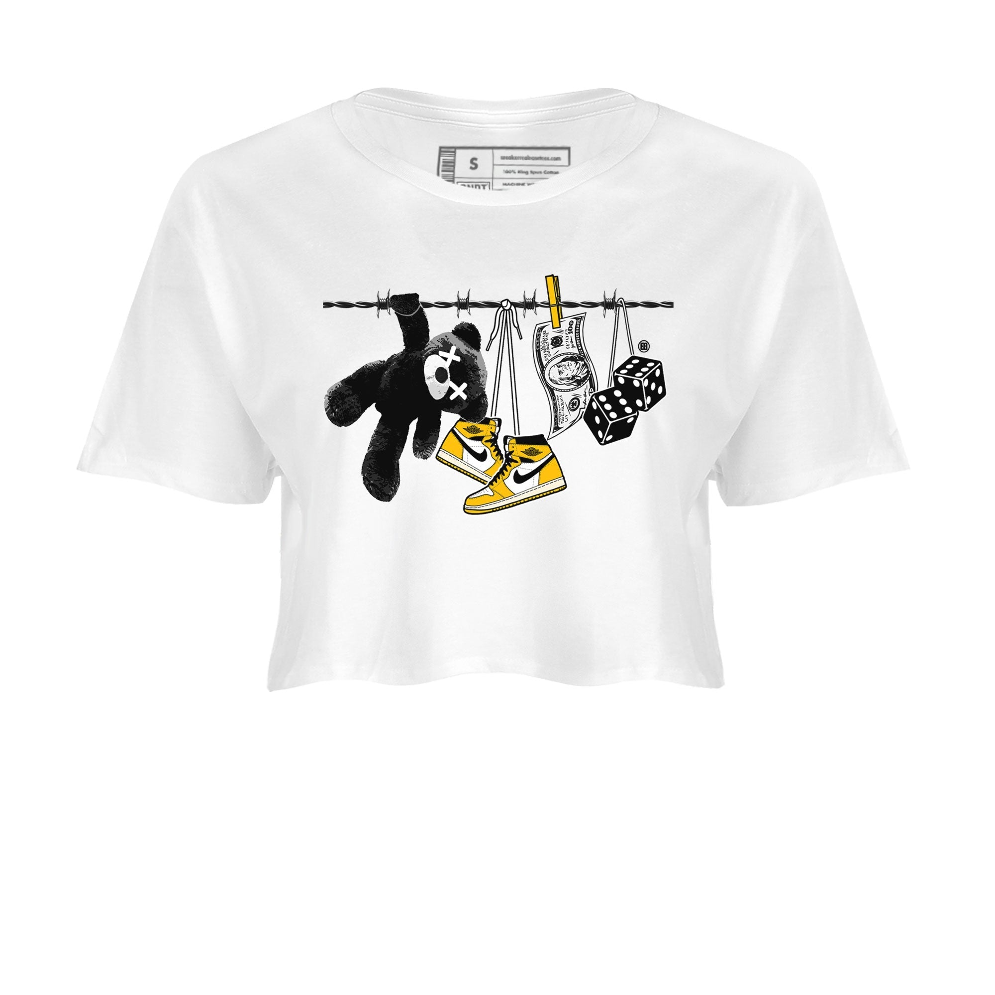 AJ1 Yellow Ochre shirt to match jordans Clothesline sneaker tees streetwear brand Air Jordan 1 Yellow Ochre Drip Gear Zone Brand White 2 crop length shirt