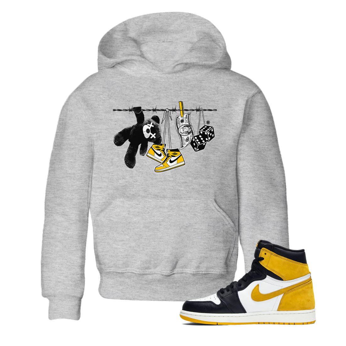 AJ1 Yellow Ochre shirt to match jordans Clothesline sneaker tees streetwear brand Air Jordan 1 Yellow Ochre Drip Gear Zone Brand baby toddler Heather Grey 1 cotton Shirt