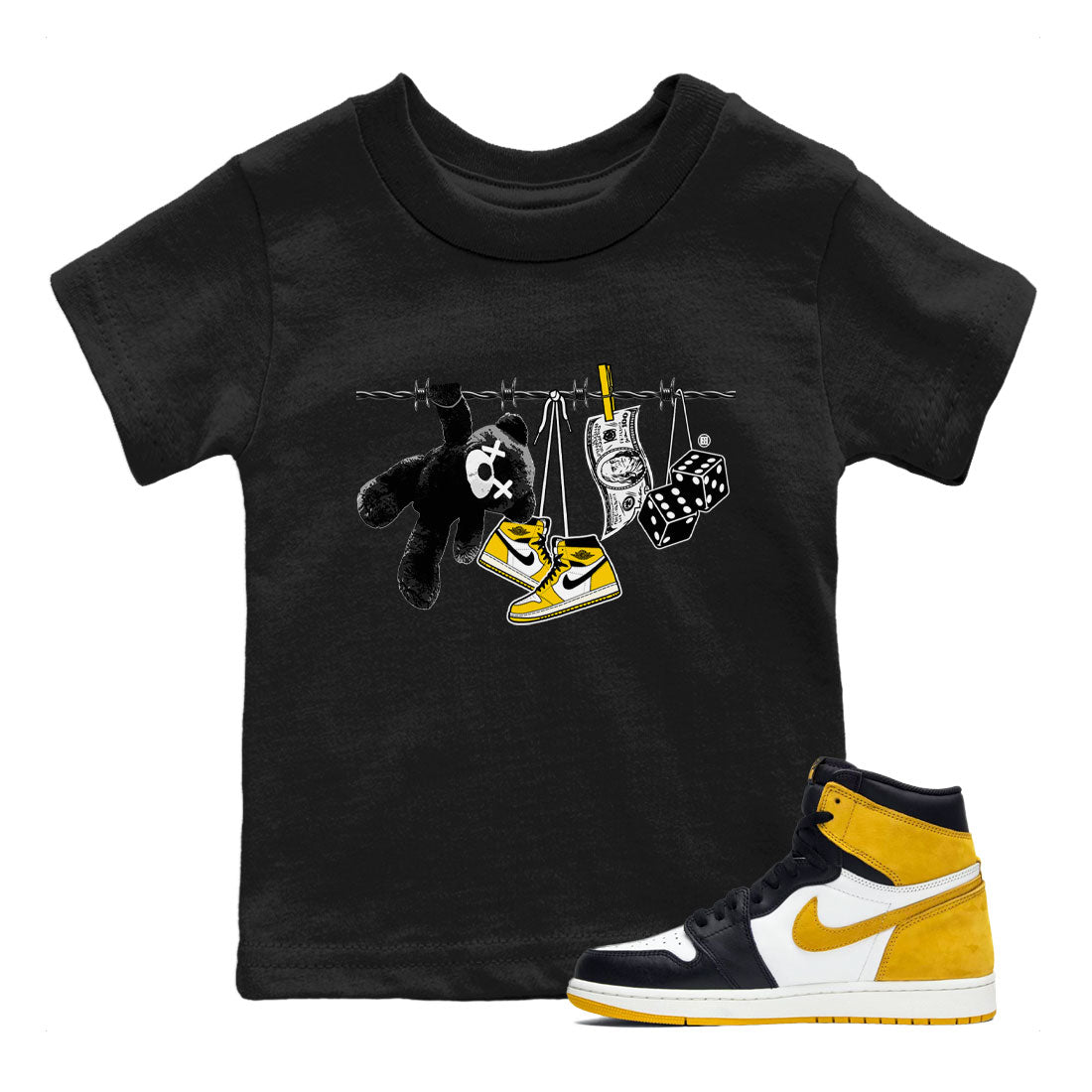 AJ1 Yellow Ochre shirt to match jordans Clothesline sneaker tees streetwear brand Air Jordan 1 Yellow Ochre Drip Gear Zone Brand baby toddler Black 1 cotton Shirt