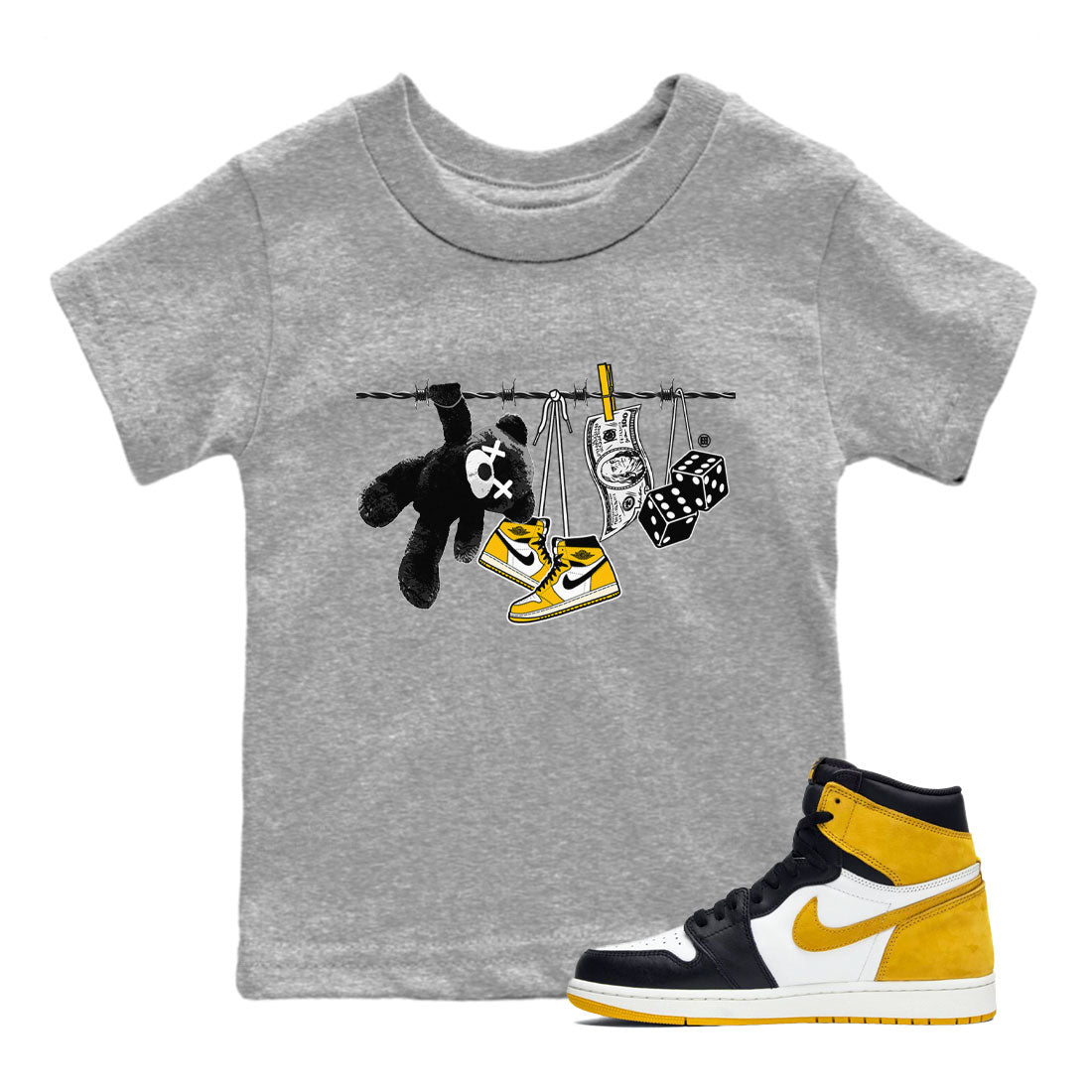 AJ1 Yellow Ochre shirt to match jordans Clothesline sneaker tees streetwear brand Air Jordan 1 Yellow Ochre Drip Gear Zone Brand baby toddler Heather Grey 1 cotton Shirt