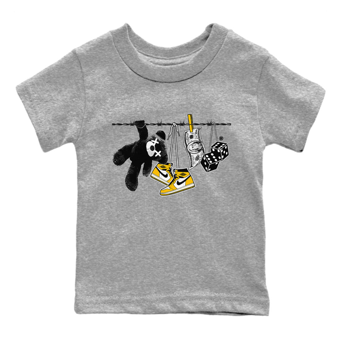 AJ1 Yellow Ochre shirt to match jordans Clothesline sneaker tees streetwear brand Air Jordan 1 Yellow Ochre Drip Gear Zone Brand baby toddler Heather Grey 2 cotton Shirt