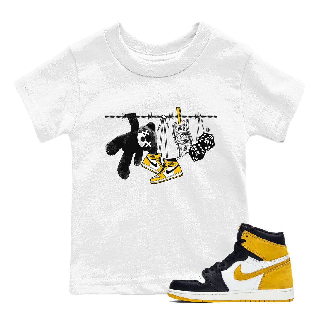 AJ1 Yellow Ochre shirt to match jordans Clothesline sneaker tees streetwear brand Air Jordan 1 Yellow Ochre Drip Gear Zone Brand baby toddler White 1 cotton Shirt