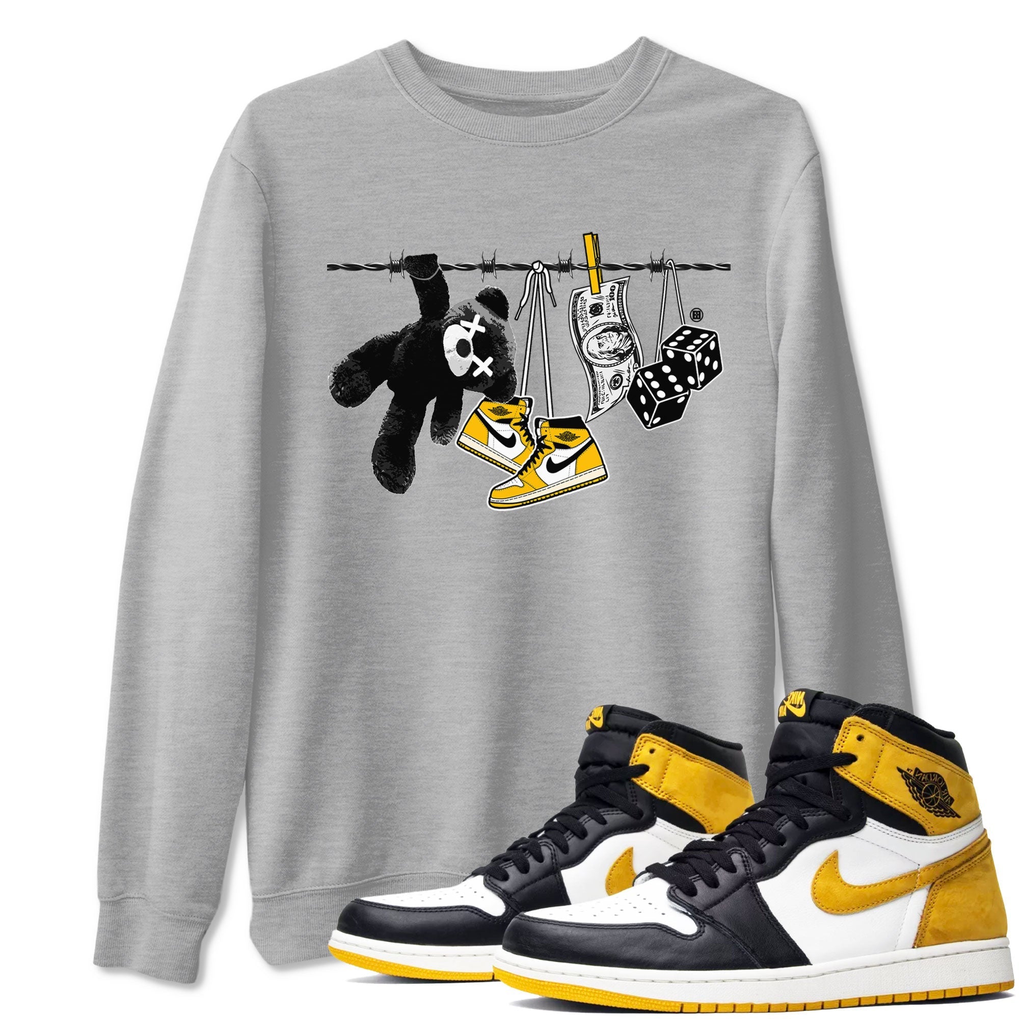 AJ1 Yellow Ochre shirt to match jordans Clothesline sneaker tees streetwear brand Air Jordan 1 Yellow Ochre Drip Gear Zone Brand unisex cotton Heather Grey 1 crew neck shirt