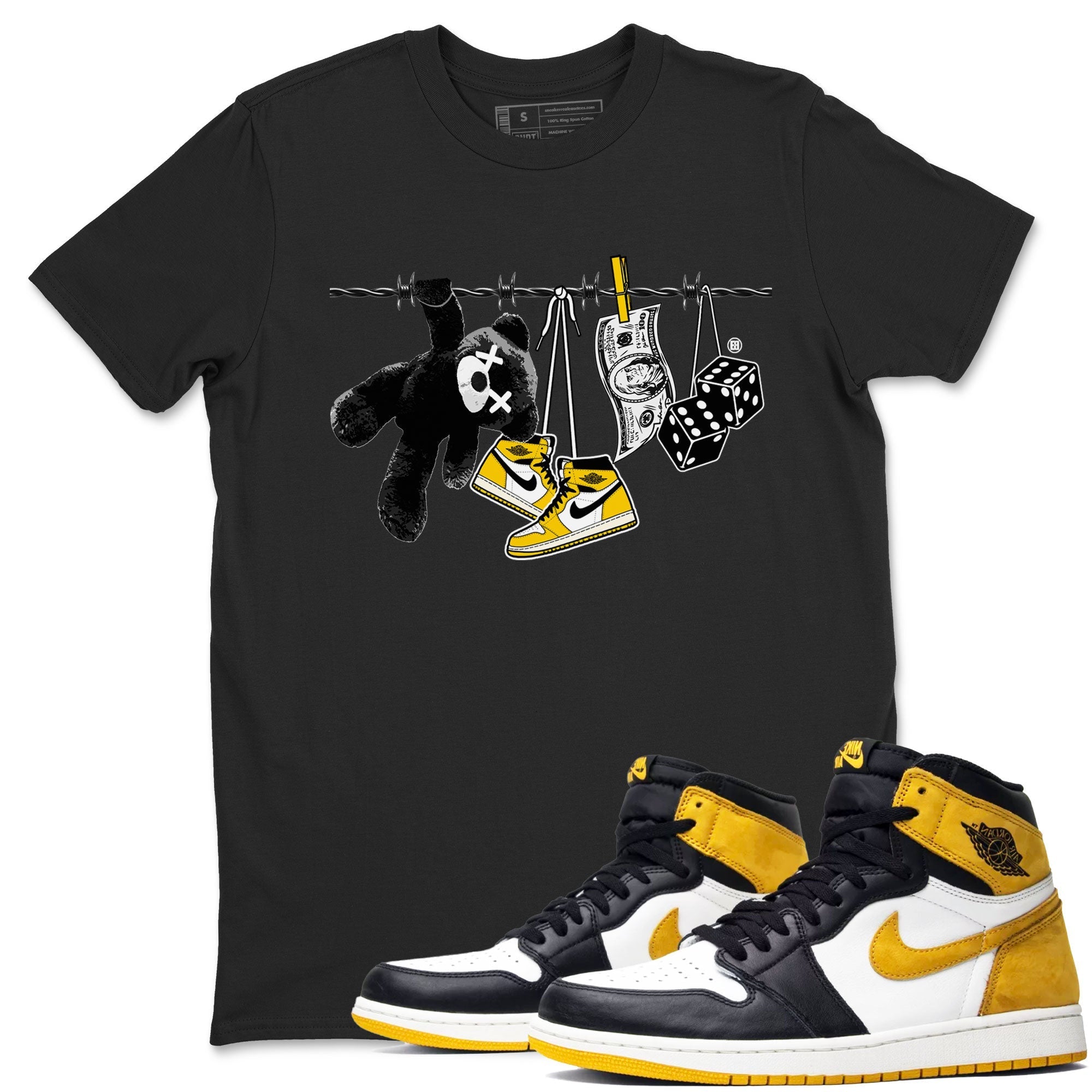 AJ1 Yellow Ochre shirt to match jordans Clothesline sneaker tees streetwear brand Air Jordan 1 Yellow Ochre Drip Gear Zone Brand unisex cotton Black 1 crew neck shirt
