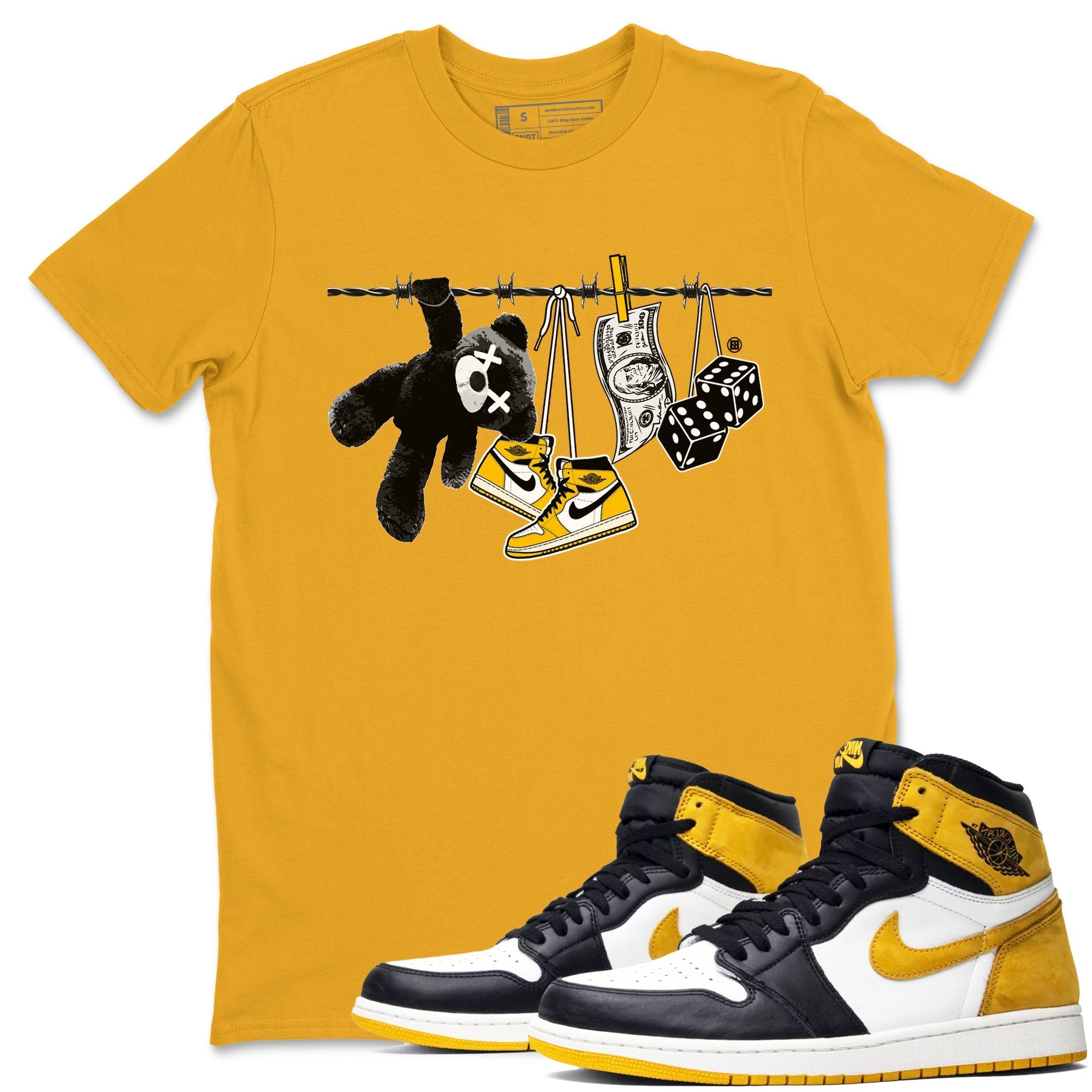 AJ1 Yellow Ochre shirt to match jordans Clothesline sneaker tees streetwear brand Air Jordan 1 Yellow Ochre Drip Gear Zone Brand unisex cotton Gold 1 crew neck shirt