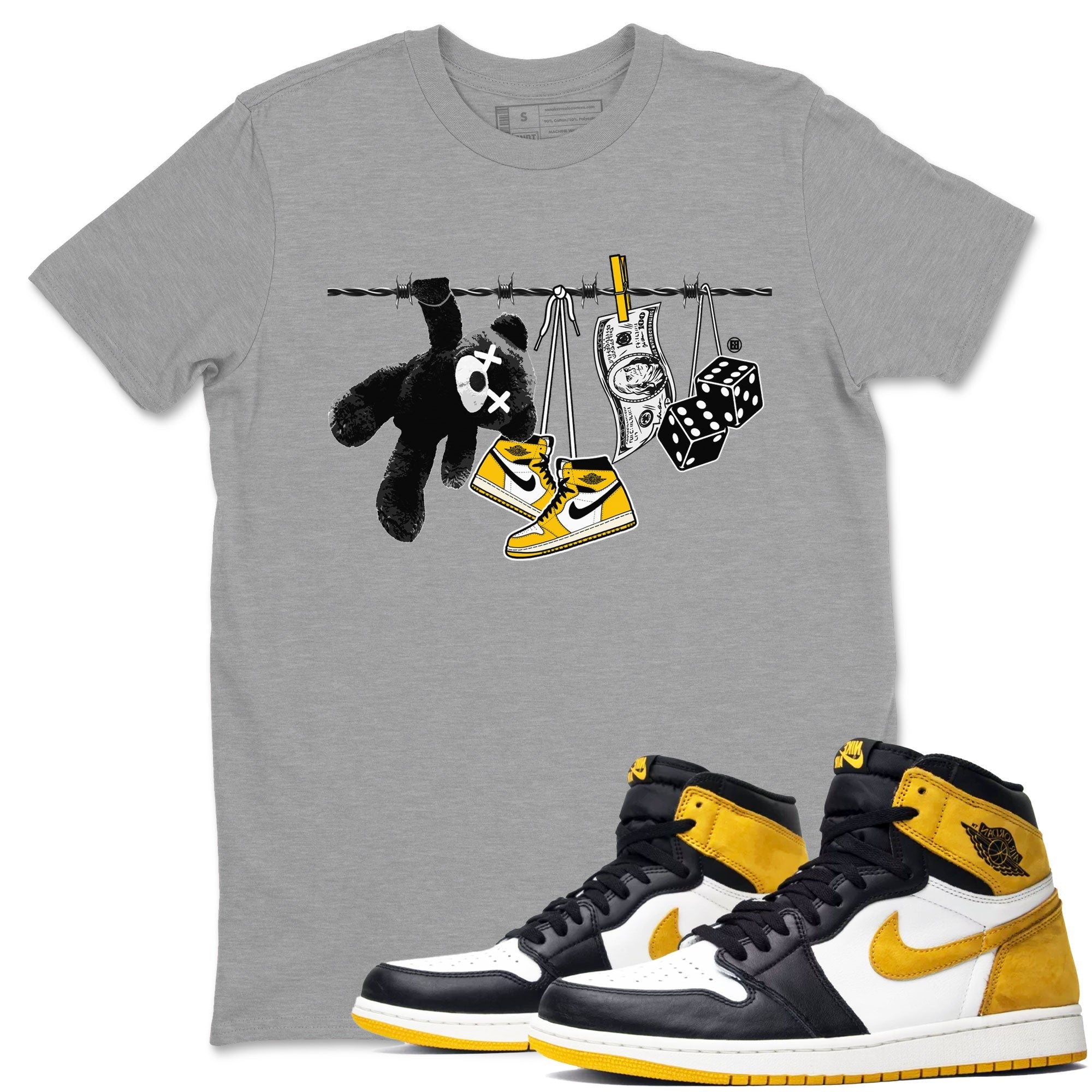 AJ1 Yellow Ochre shirt to match jordans Clothesline sneaker tees streetwear brand Air Jordan 1 Yellow Ochre Drip Gear Zone Brand unisex cotton Heather Grey 1 crew neck shirt