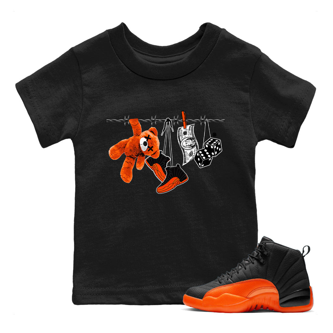 Air Jordan 12 Brilliant Orange Sneaker Match Tees Clothesline Streetwear Sneaker Shirt 12s Brilliant Orange Tee Kids Shirts Black 1