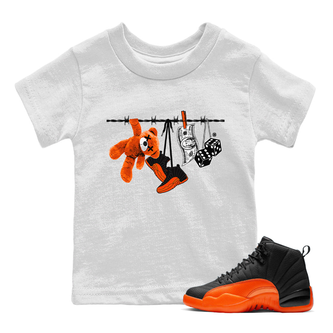 Air Jordan 12 Brilliant Orange Sneaker Match Tees Clothesline Streetwear Sneaker Shirt 12s Brilliant Orange Tee Kids Shirts White 1