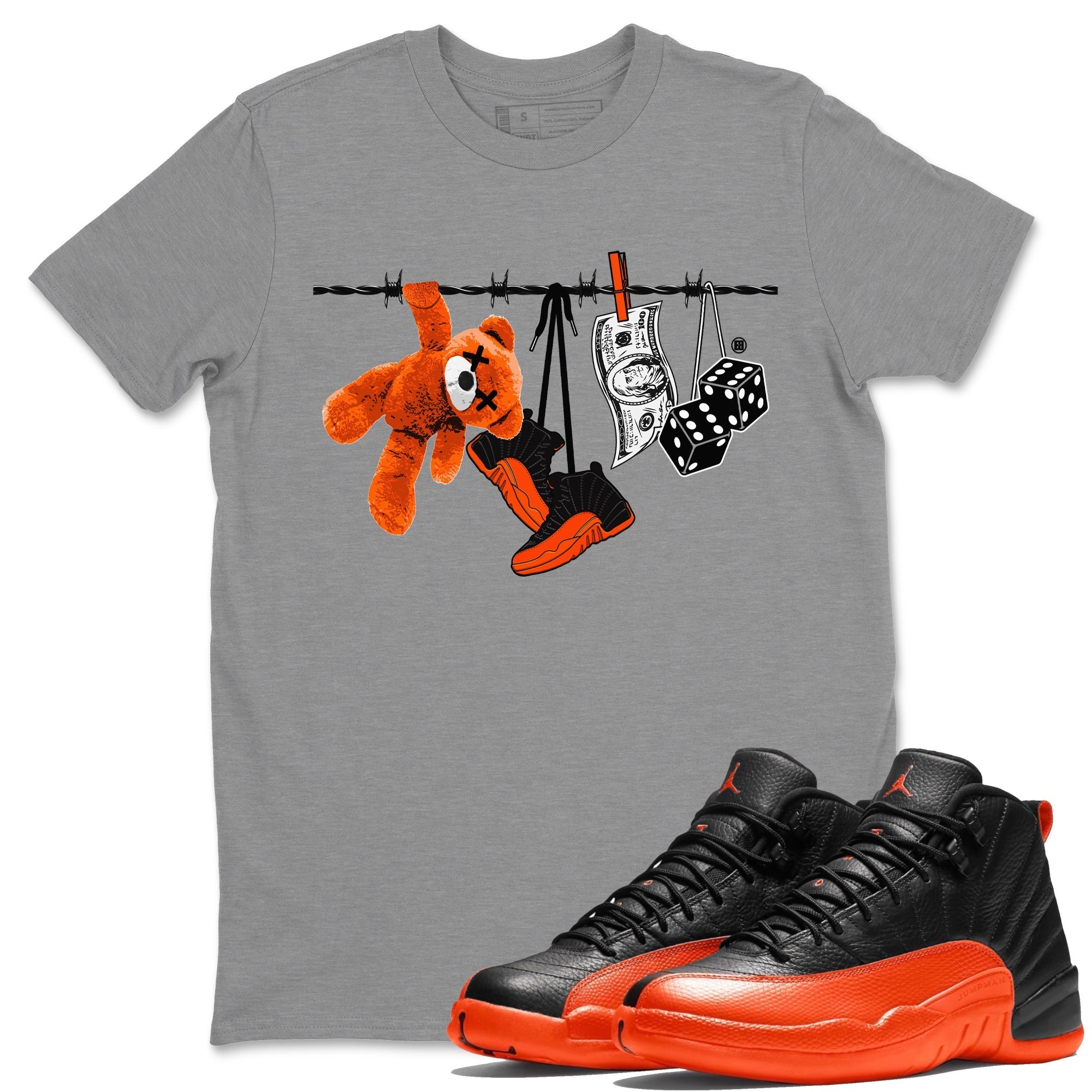Air Jordan 12 Brilliant Orange Sneaker Match Tees Clothesline Streetwear Sneaker Shirt 12s Brilliant Orange Tee Unisex Shirts Heather Grey 1