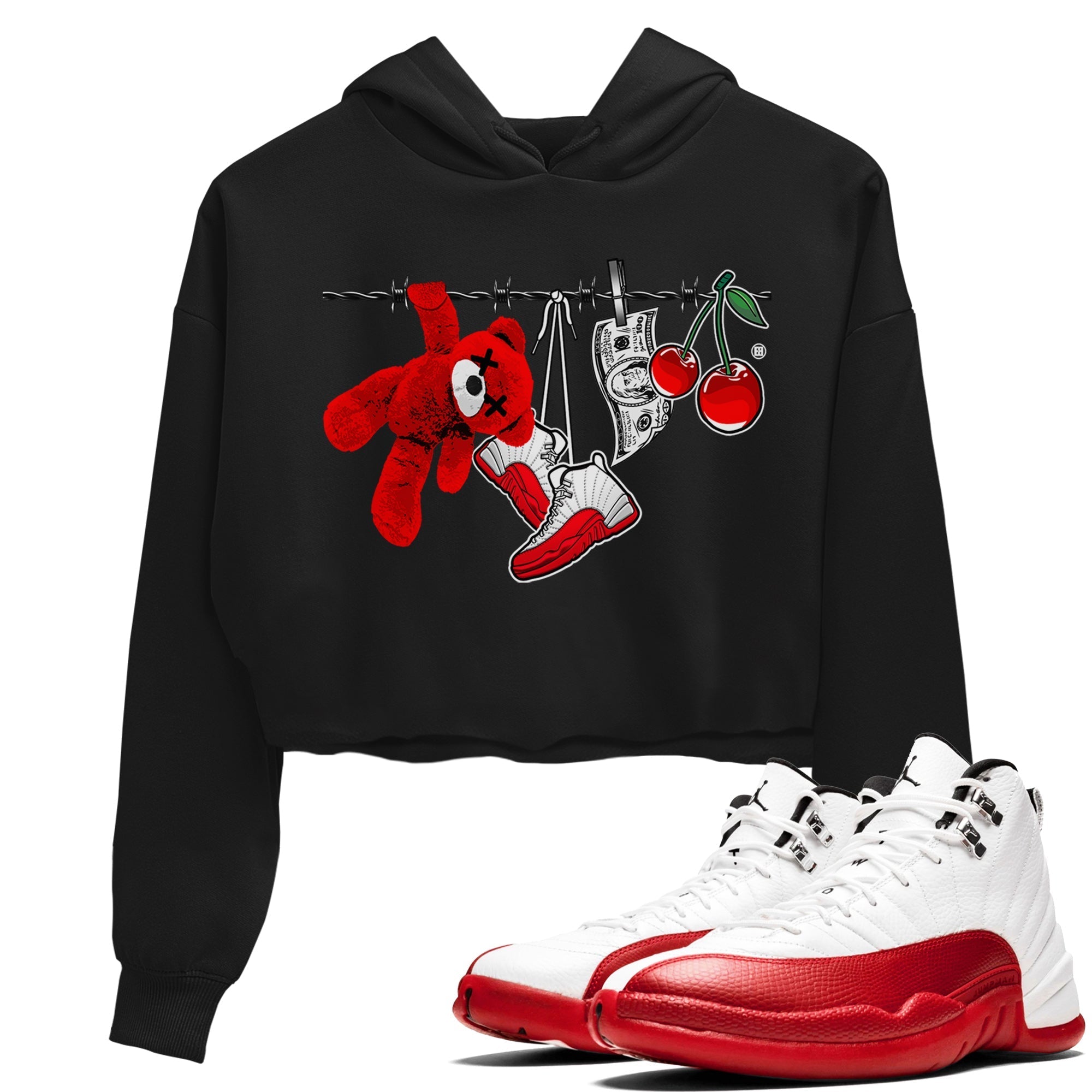 12s Cherry Sneaker Match Tees Clothesline Streetwear Sneaker Shirt Air Jordan 12 Cherry Sneaker Release Tees Women's Shirts Black 1