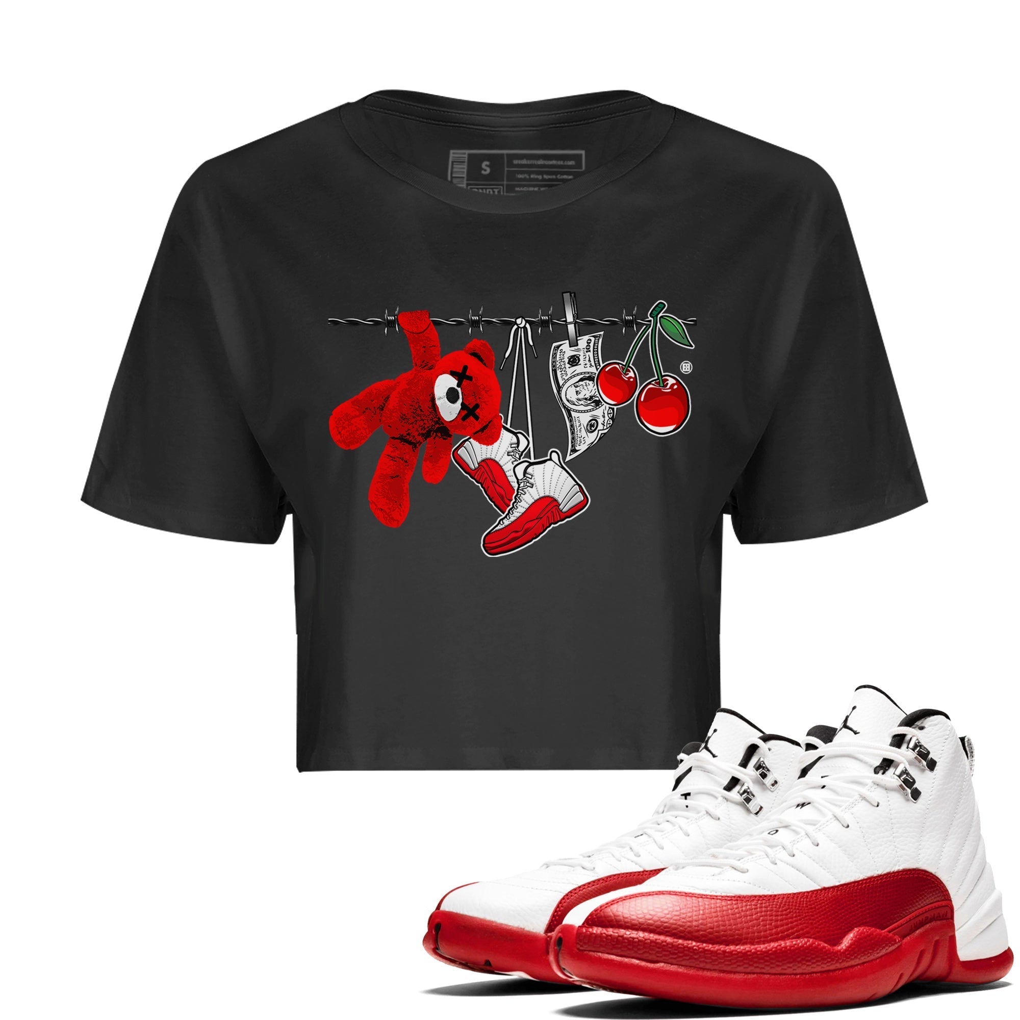 12s Cherry Sneaker Match Tees Clothesline Streetwear Sneaker Shirt Air Jordan 12 Cherry Sneaker Release Tees Women's Shirts Black 1