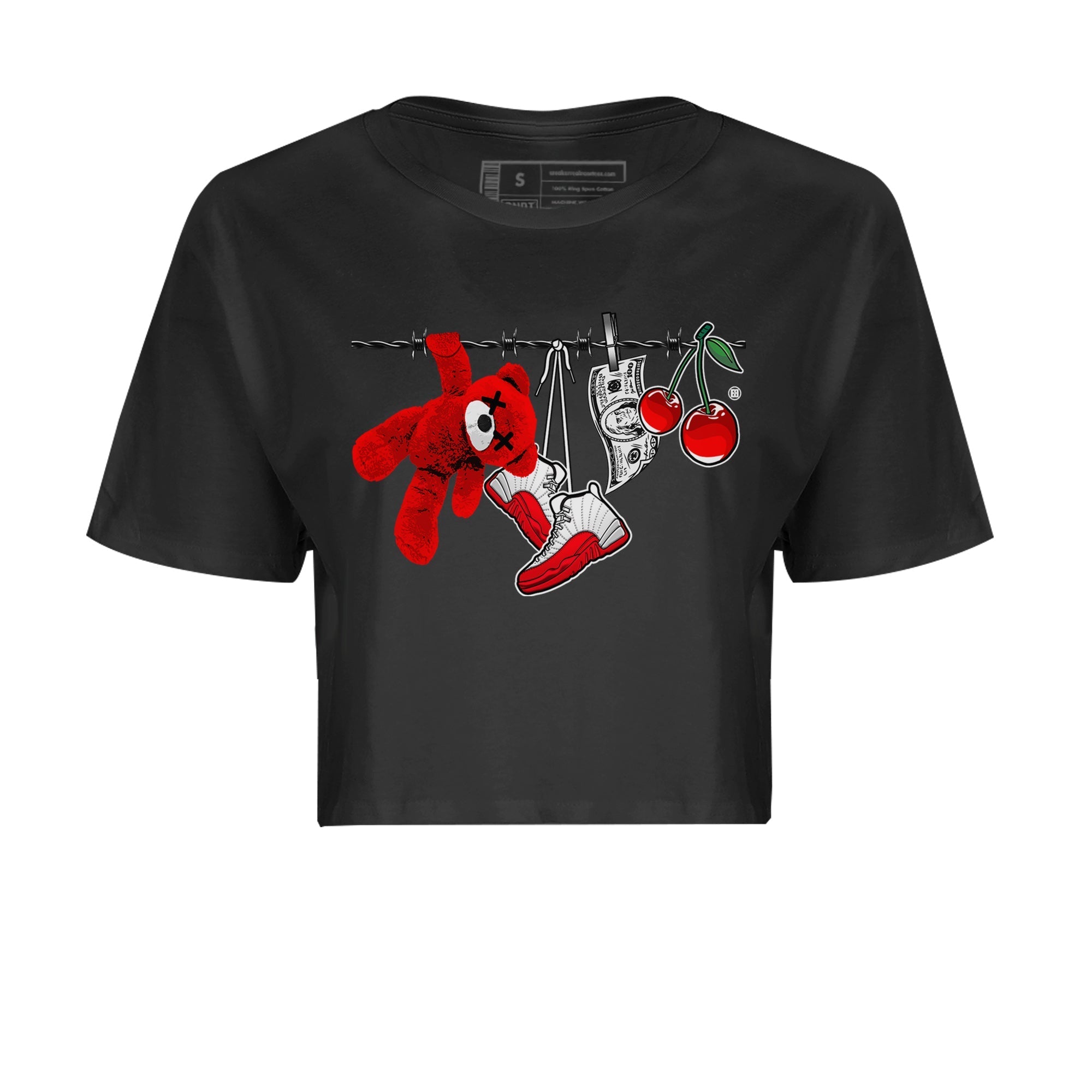 12s Cherry Sneaker Match Tees Clothesline Streetwear Sneaker Shirt Air Jordan 12 Cherry Sneaker Release Tees Women's Shirts Black 2