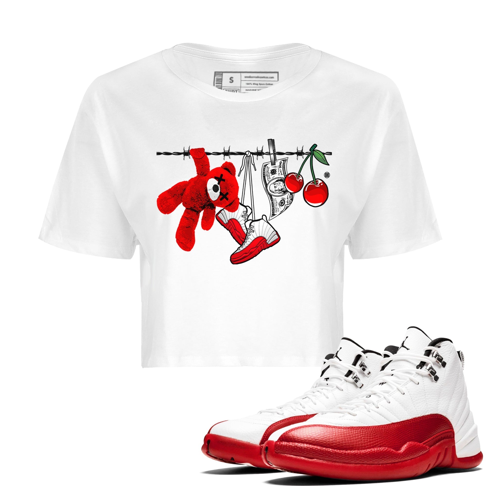 12s Cherry Sneaker Match Tees Clothesline Streetwear Sneaker Shirt Air Jordan 12 Cherry Sneaker Release Tees Women's Shirts White 1