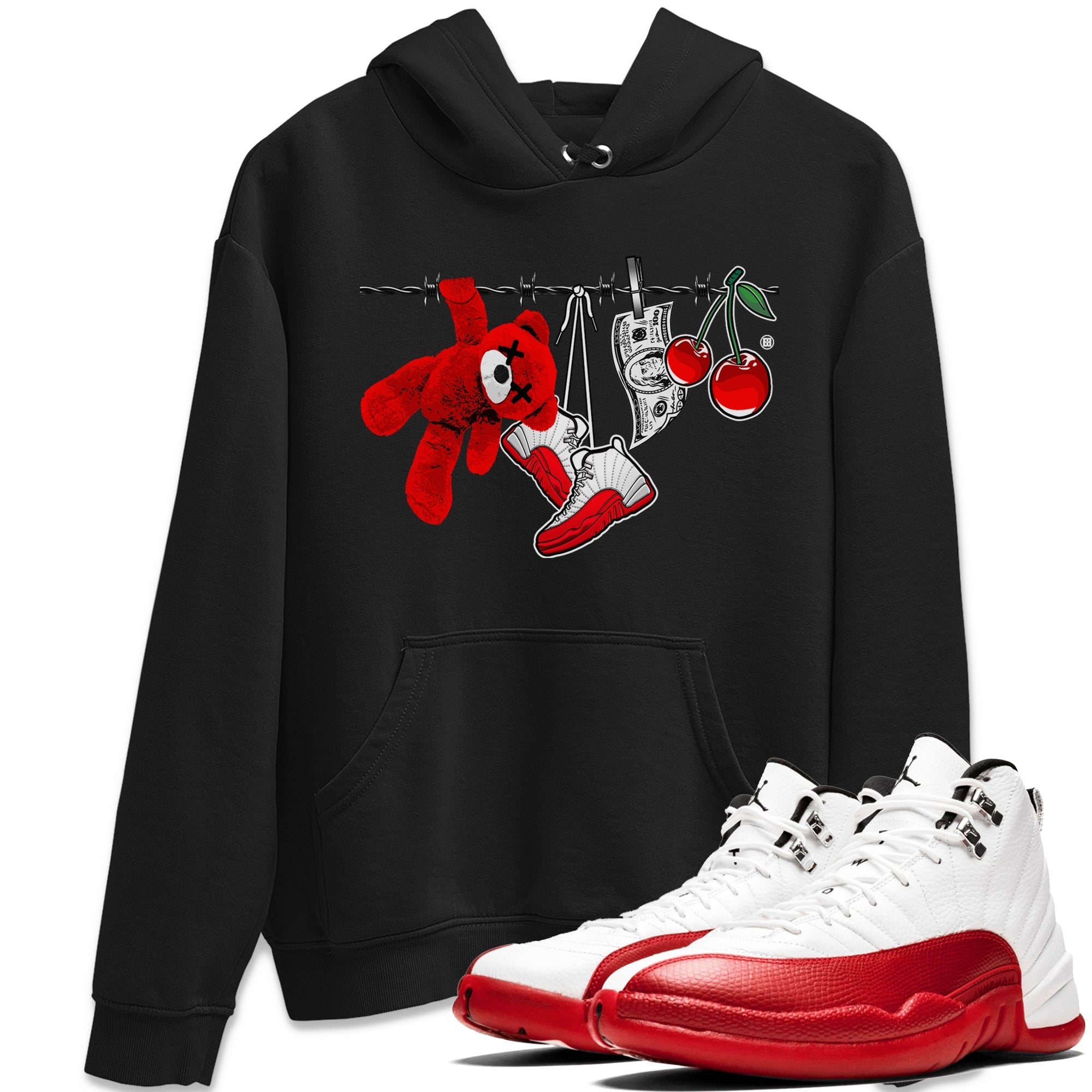 12s Cherry Sneaker Match Tees Clothesline Streetwear Sneaker Shirt Air Jordan 12 Cherry Sneaker Release Tees Unisex Shirts Black 1