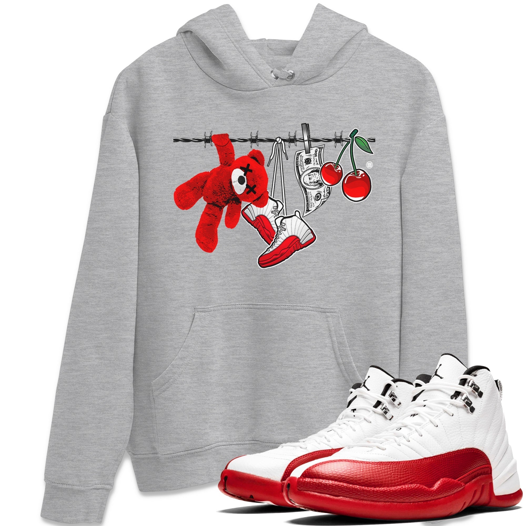 12s Cherry Sneaker Match Tees Clothesline Streetwear Sneaker Shirt Air Jordan 12 Cherry Sneaker Release Tees Unisex Shirts Heather Grey 1