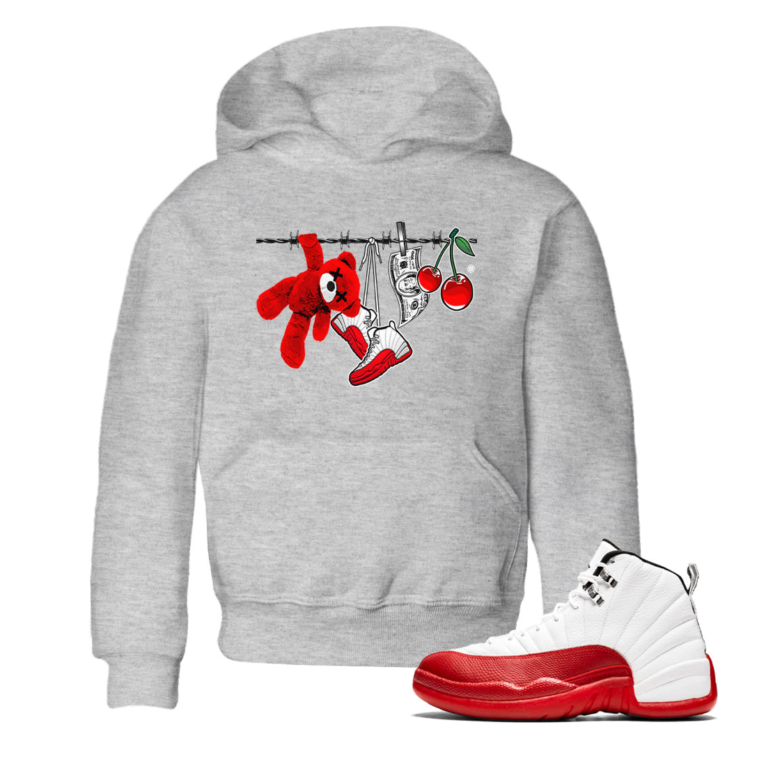 12s Cherry Sneaker Match Tees Clothesline Streetwear Sneaker Shirt Air Jordan 12 Cherry Sneaker Release Tees Kids Shirts Heather Grey 1