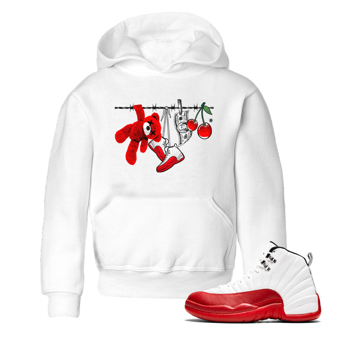 12s Cherry Sneaker Match Tees Clothesline Streetwear Sneaker Shirt Air Jordan 12 Cherry Sneaker Release Tees Kids Shirts White 1