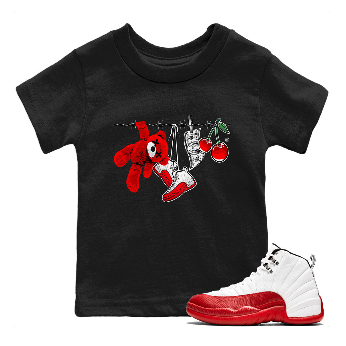 12s Cherry Sneaker Match Tees Clothesline Streetwear Sneaker Shirt Air Jordan 12 Cherry Sneaker Release Tees Kids Shirts Black 1