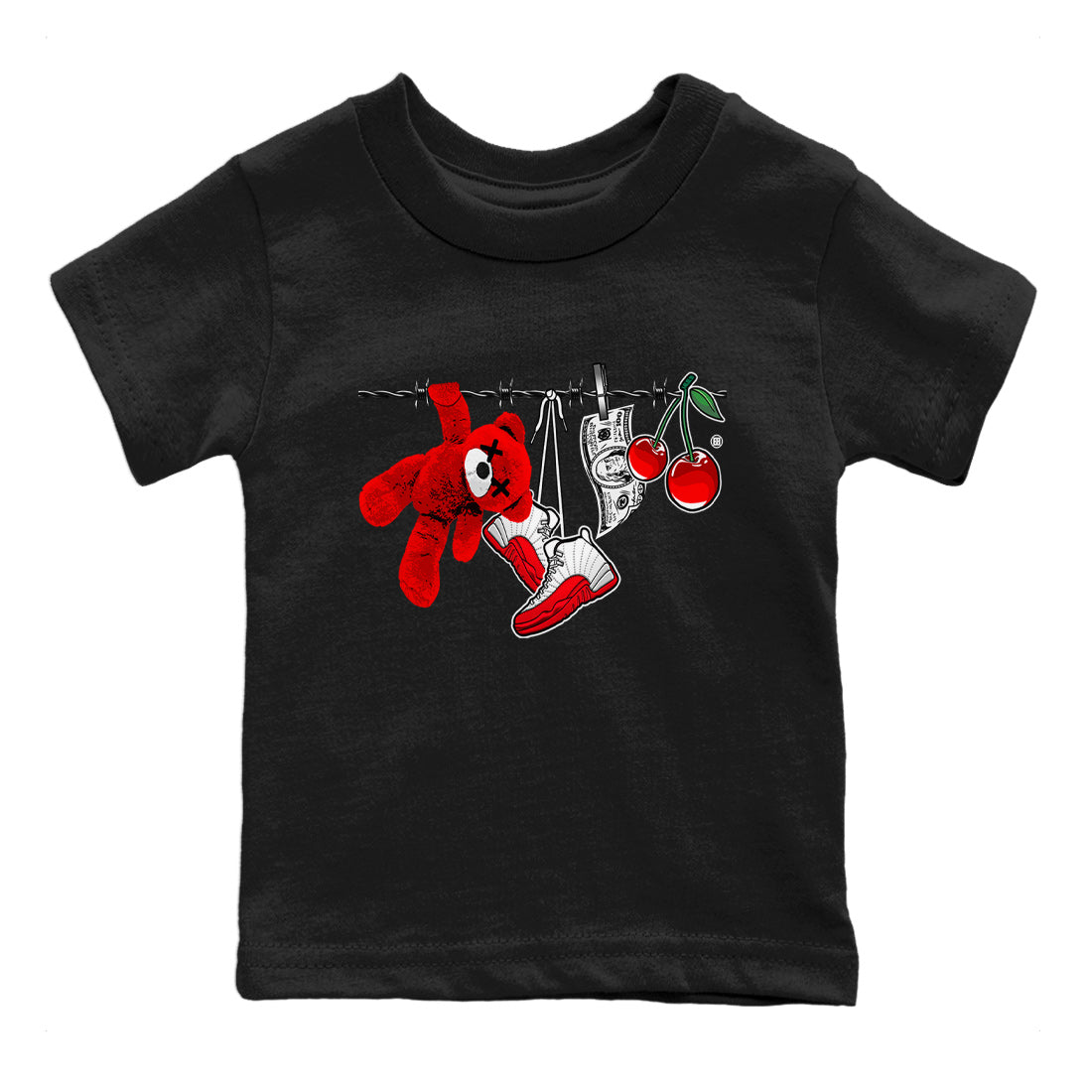 12s Cherry Sneaker Match Tees Clothesline Streetwear Sneaker Shirt Air Jordan 12 Cherry Sneaker Release Tees Kids Shirts Black 2