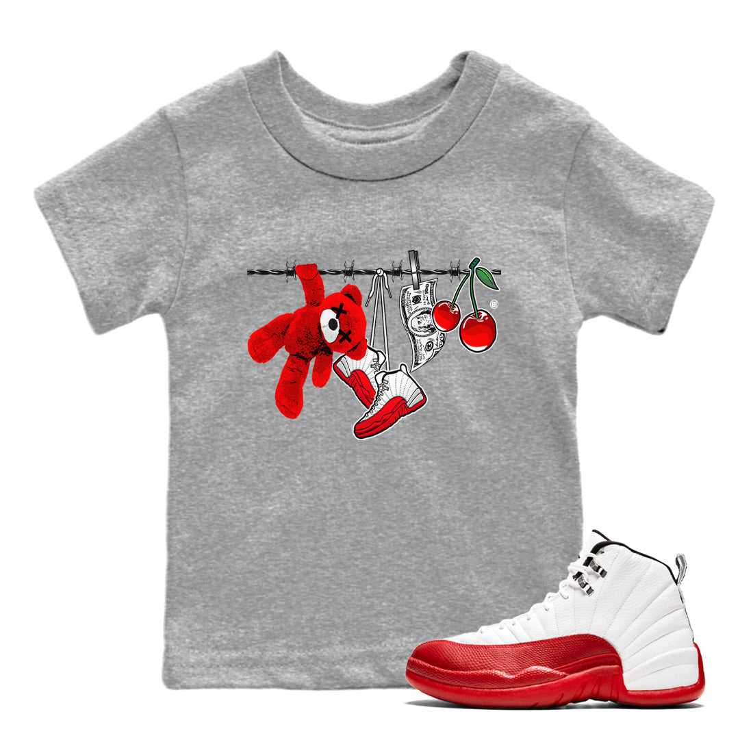 12s Cherry Sneaker Match Tees Clothesline Streetwear Sneaker Shirt Air Jordan 12 Cherry Sneaker Release Tees Kids Shirts Heather Grey 1