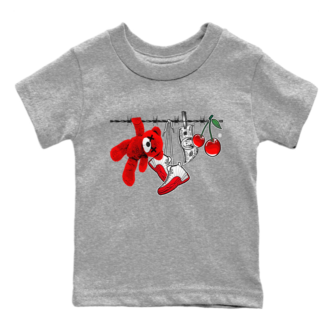 12s Cherry Sneaker Match Tees Clothesline Streetwear Sneaker Shirt Air Jordan 12 Cherry Sneaker Release Tees Kids Shirts Heather Grey 2