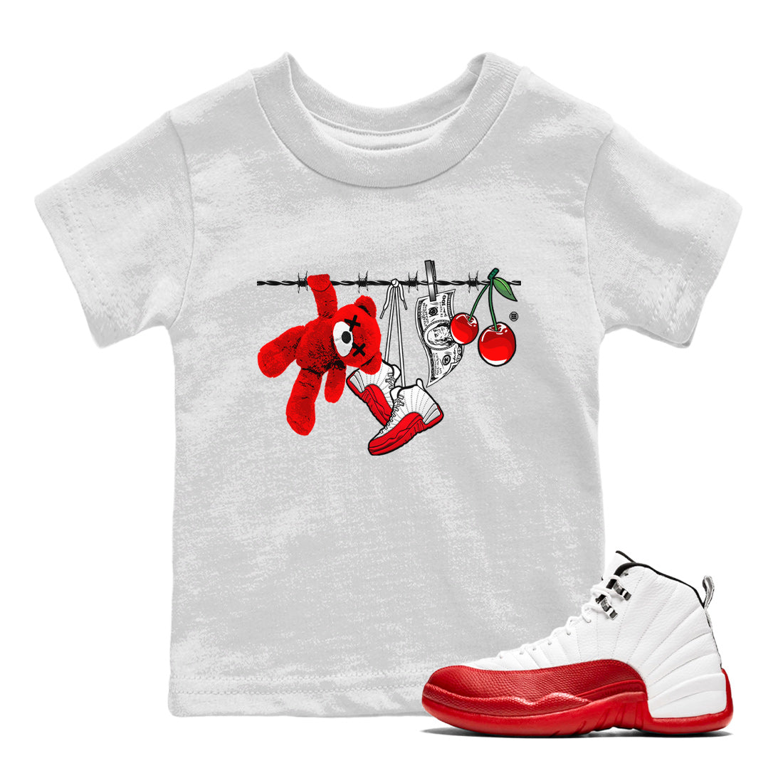 12s Cherry Sneaker Match Tees Clothesline Streetwear Sneaker Shirt Air Jordan 12 Cherry Sneaker Release Tees Kids Shirts White 1