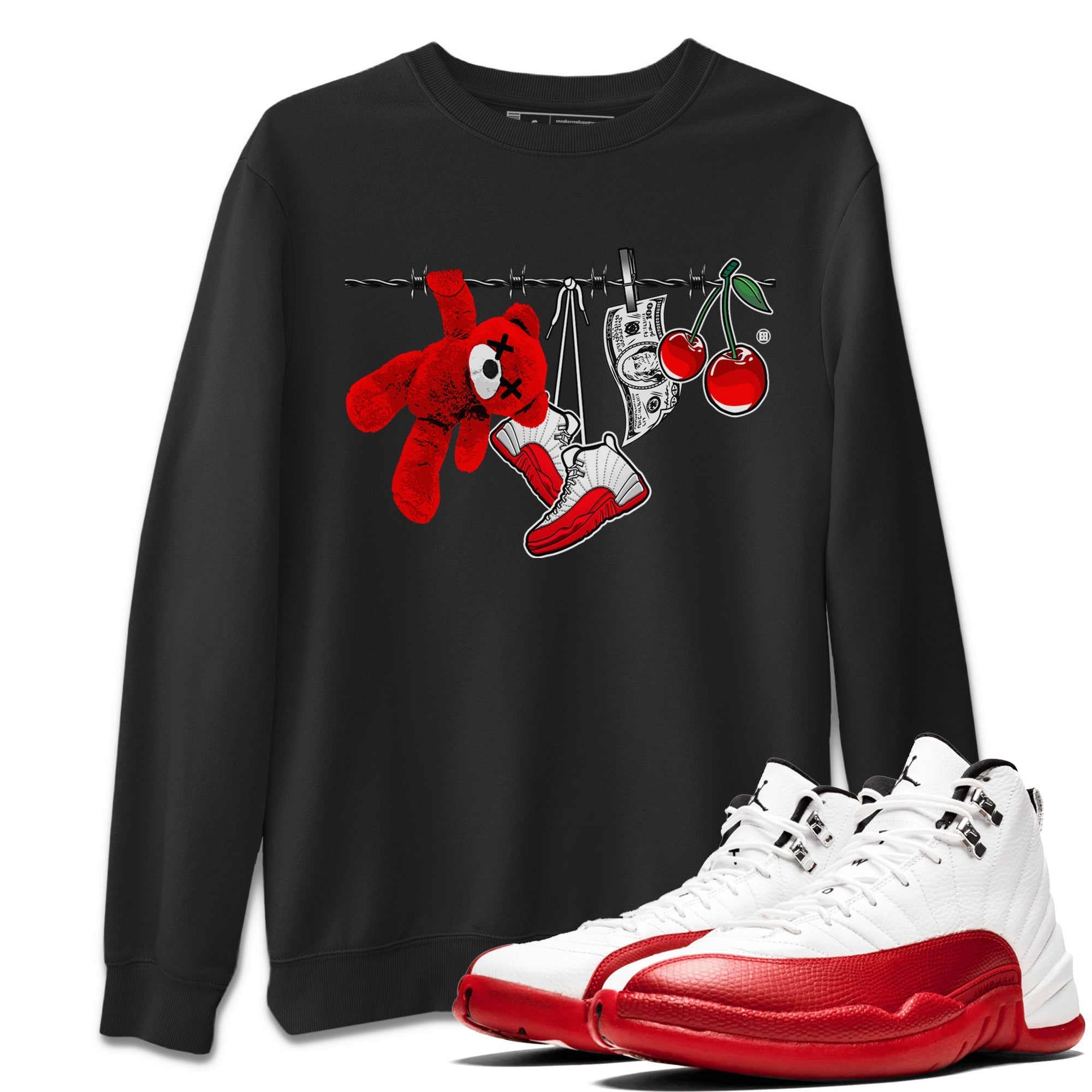 12s Cherry Sneaker Match Tees Clothesline Streetwear Sneaker Shirt Air Jordan 12 Cherry Sneaker Release Tees Unisex Shirts Black 2