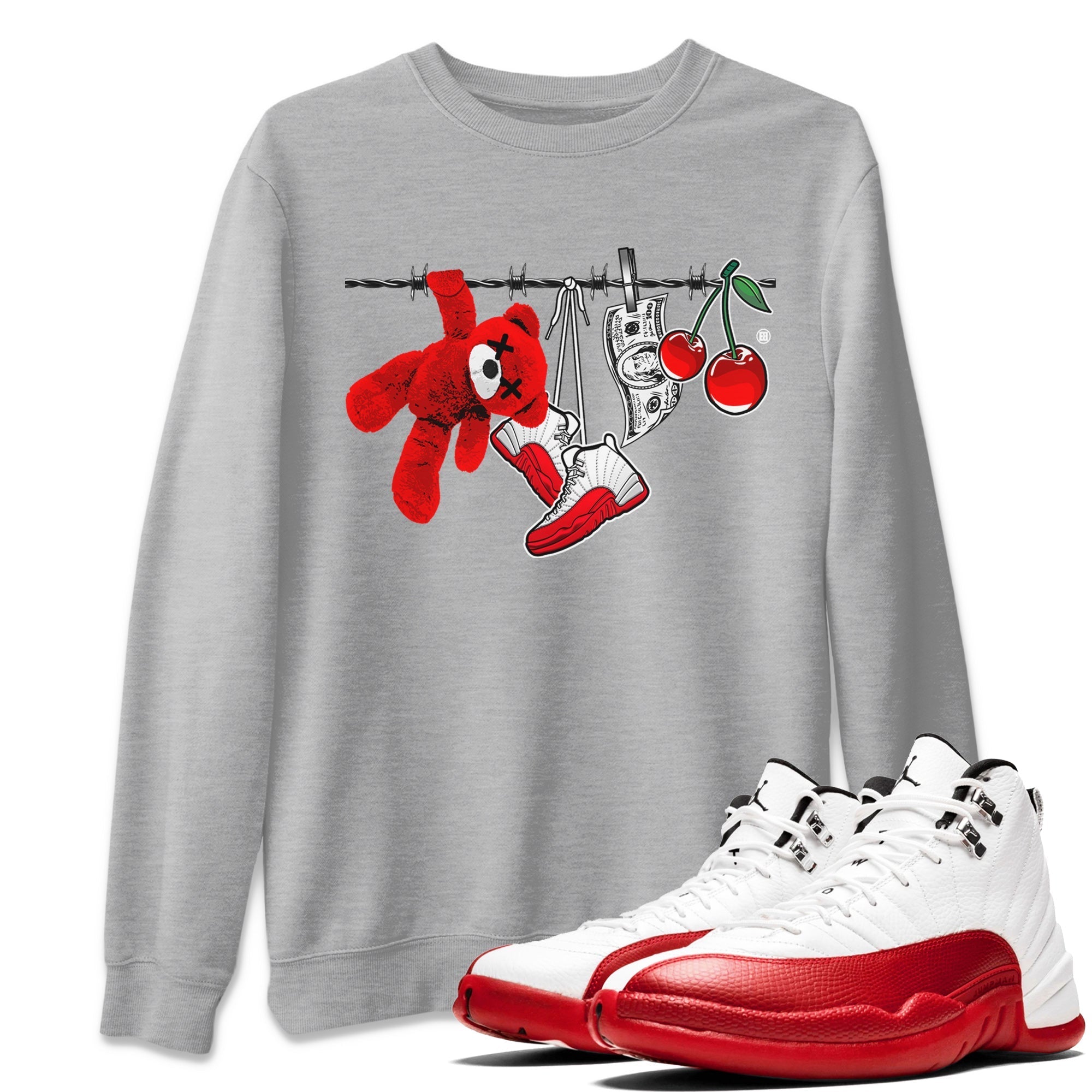 12s Cherry Sneaker Match Tees Clothesline Streetwear Sneaker Shirt Air Jordan 12 Cherry Sneaker Release Tees Unisex Shirts Heather Grey 1