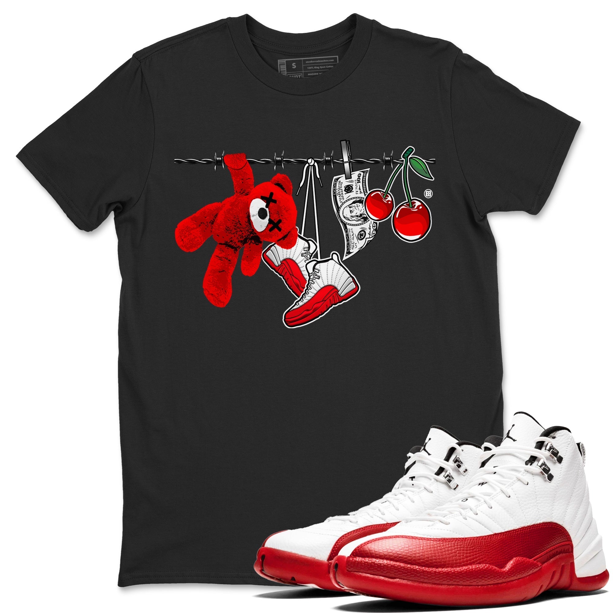 12s Cherry Sneaker Match Tees Clothesline Streetwear Sneaker Shirt Air Jordan 12 Cherry Sneaker Release Tees Unisex Shirts Black 1