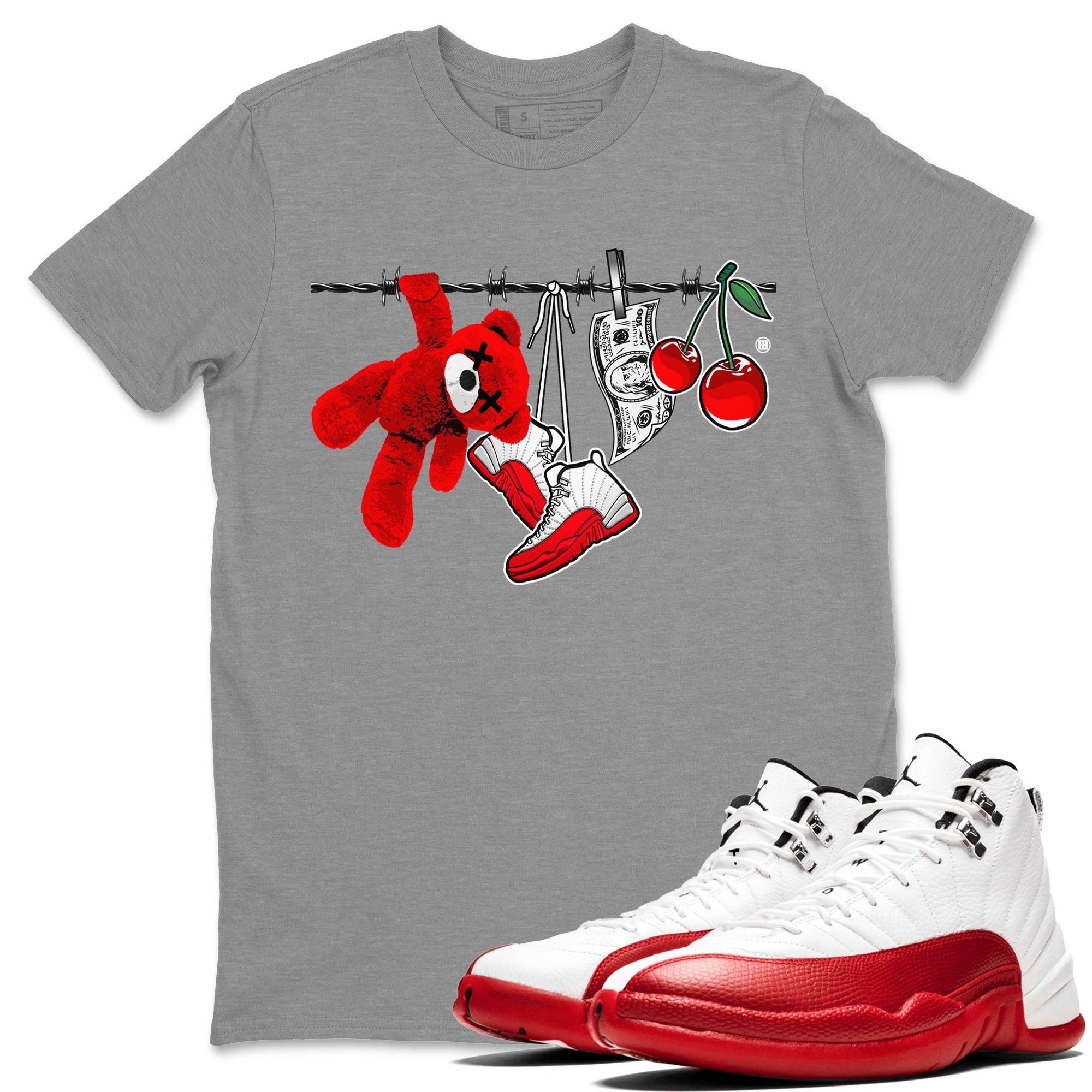 12s Cherry Sneaker Match Tees Clothesline Streetwear Sneaker Shirt Air Jordan 12 Cherry Sneaker Release Tees Unisex Shirts Heather Grey 1
