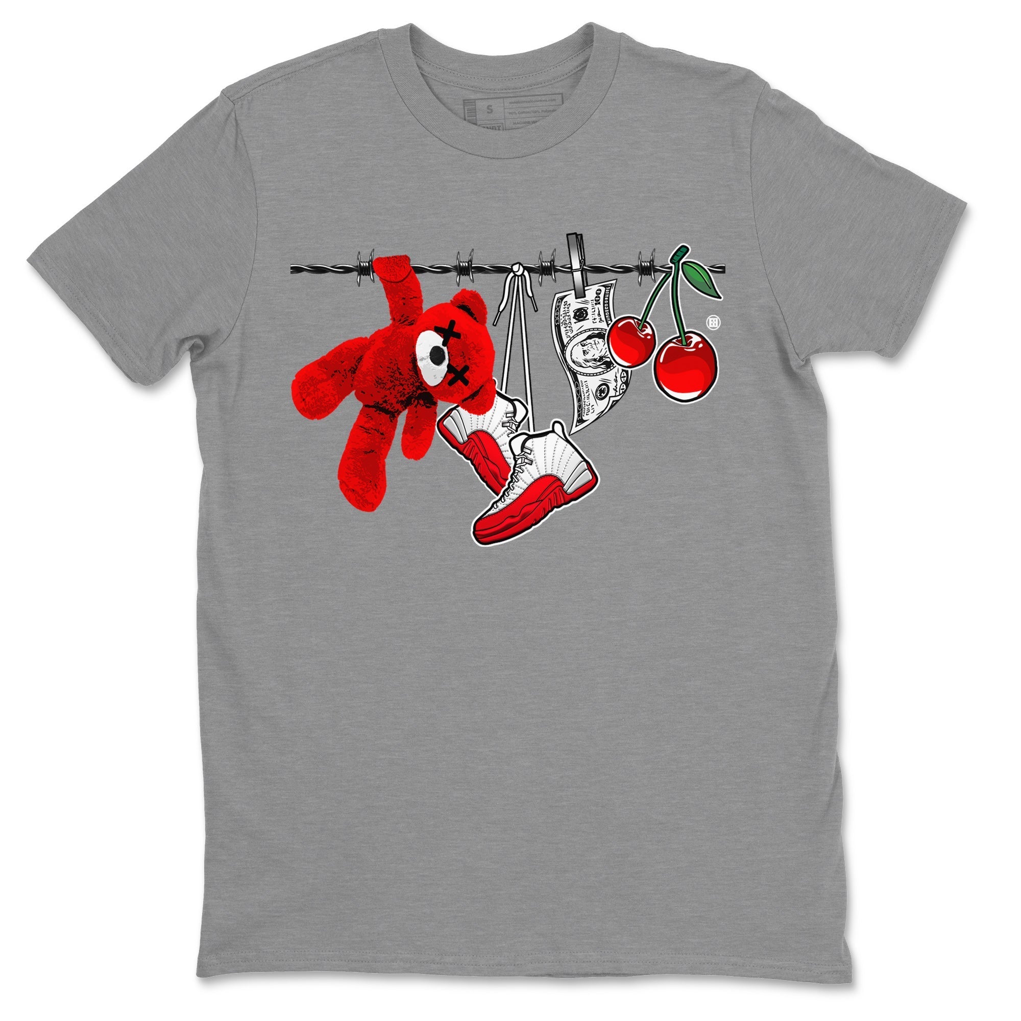 12s Cherry Sneaker Match Tees Clothesline Streetwear Sneaker Shirt Air Jordan 12 Cherry Sneaker Release Tees Unisex Shirts Heather Grey 2