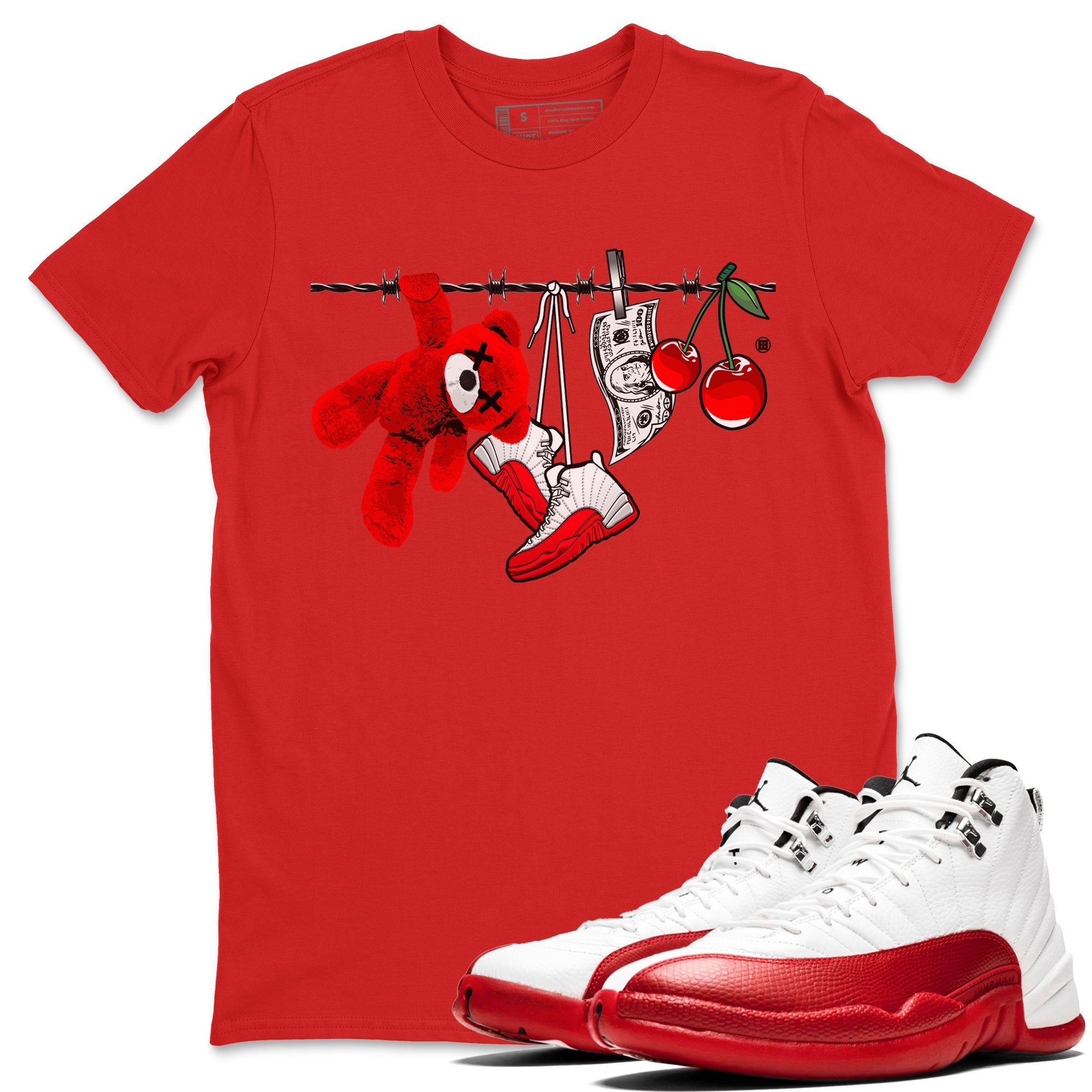 12s Cherry Sneaker Match Tees Clothesline Streetwear Sneaker Shirt Air Jordan 12 Cherry Sneaker Release Tees Unisex Shirts Red 1