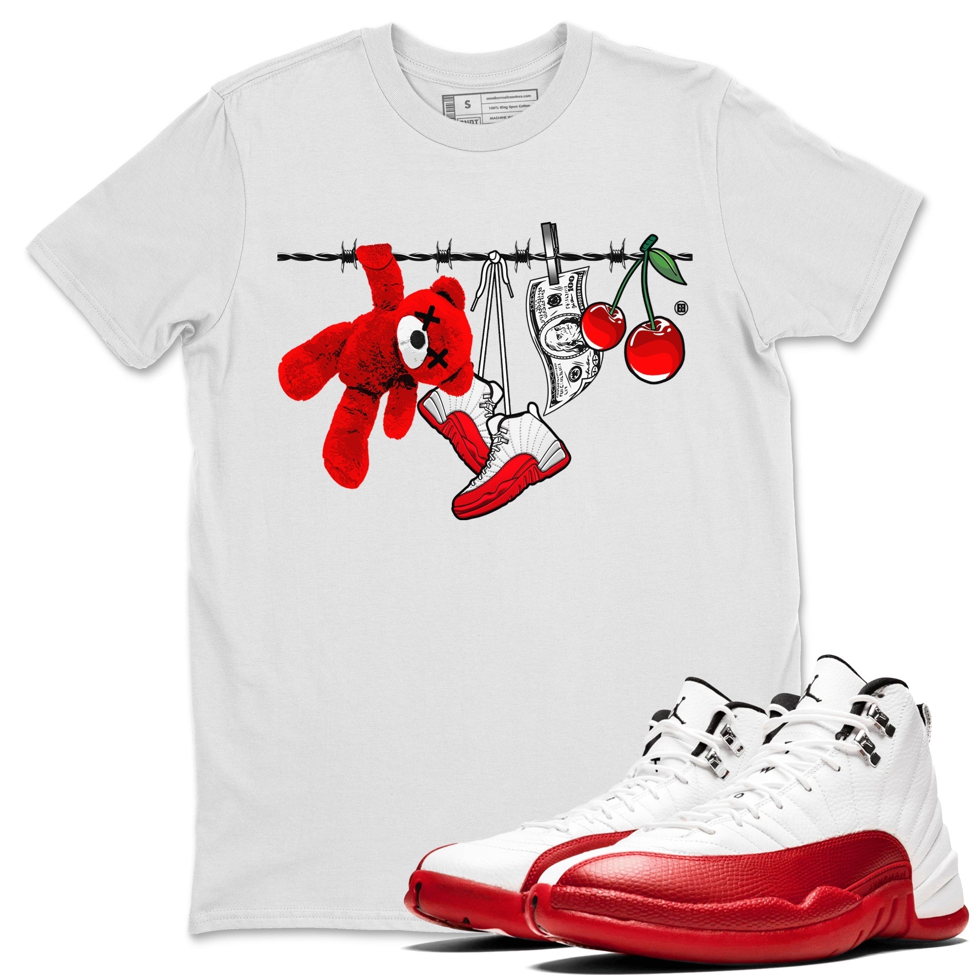 12s Cherry Sneaker Match Tees Clothesline Streetwear Sneaker Shirt Air Jordan 12 Cherry Sneaker Release Tees Unisex Shirts White 1