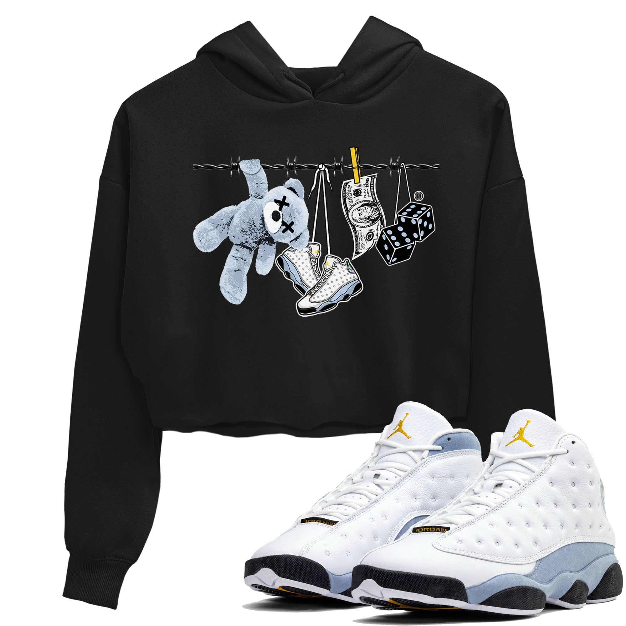 13s Blue Grey shirt to match jordans Clothesline sneaker tees Air Jordan 13 Retro Blue Grey Drip Gear Zone Black 1 crop length shirt