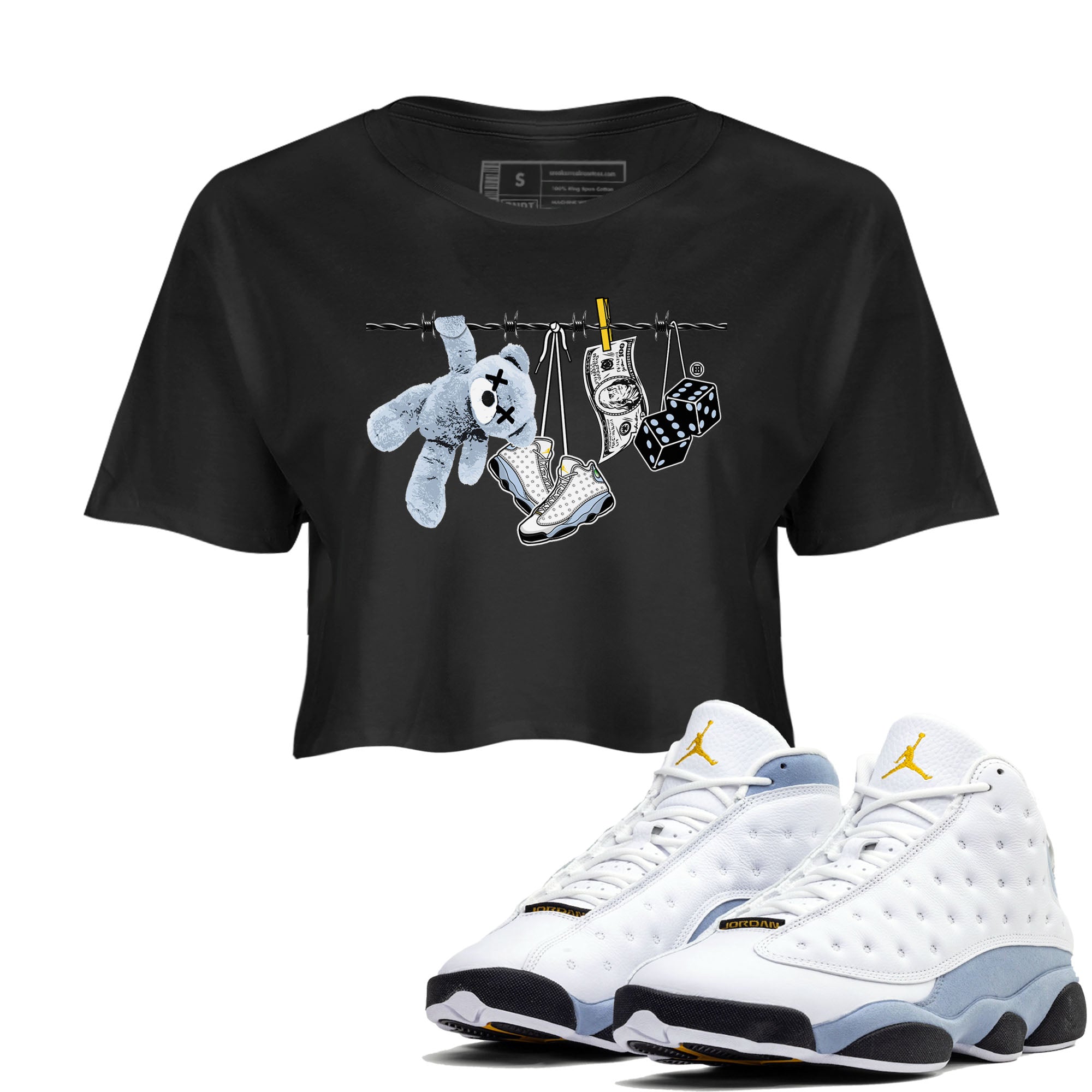 13s Blue Grey shirt to match jordans Clothesline sneaker tees Air Jordan 13 Retro Blue Grey Drip Gear Zone Black 1 crop length shirt