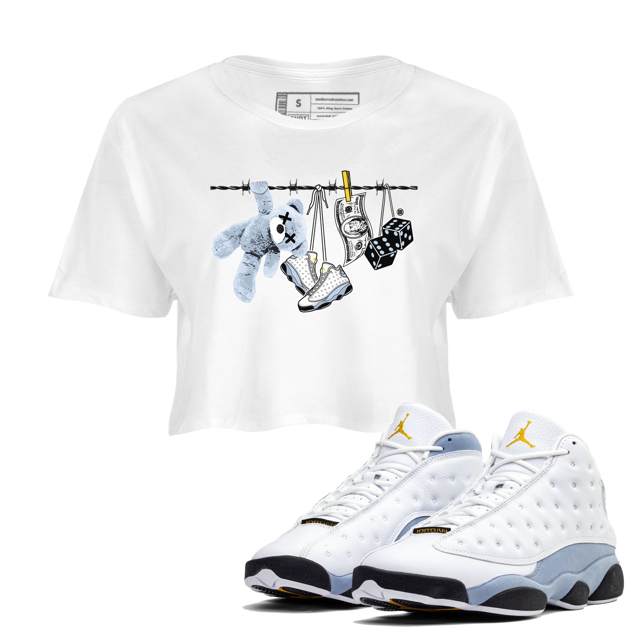 13s Blue Grey shirt to match jordans Clothesline sneaker tees Air Jordan 13 Retro Blue Grey Drip Gear Zone White 1 crop length shirt