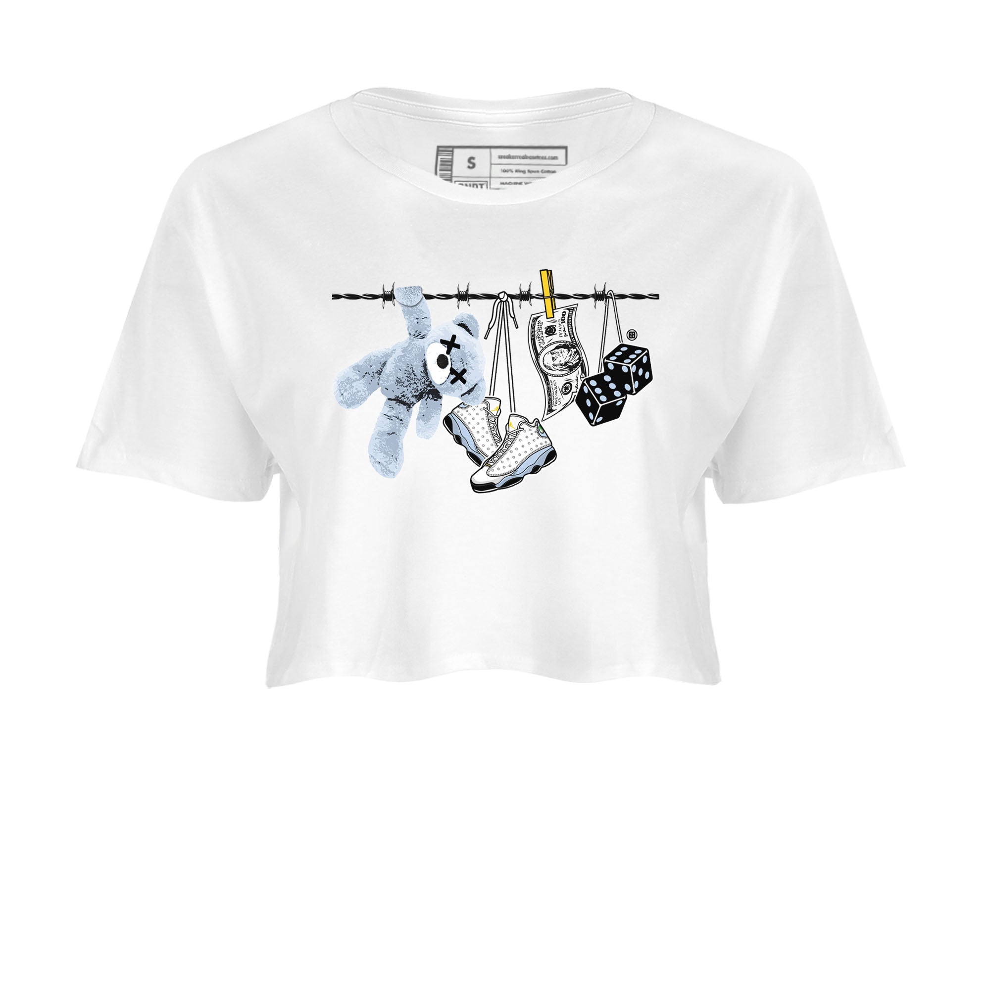 13s Blue Grey shirt to match jordans Clothesline sneaker tees Air Jordan 13 Retro Blue Grey Drip Gear Zone White 2 crop length shirt