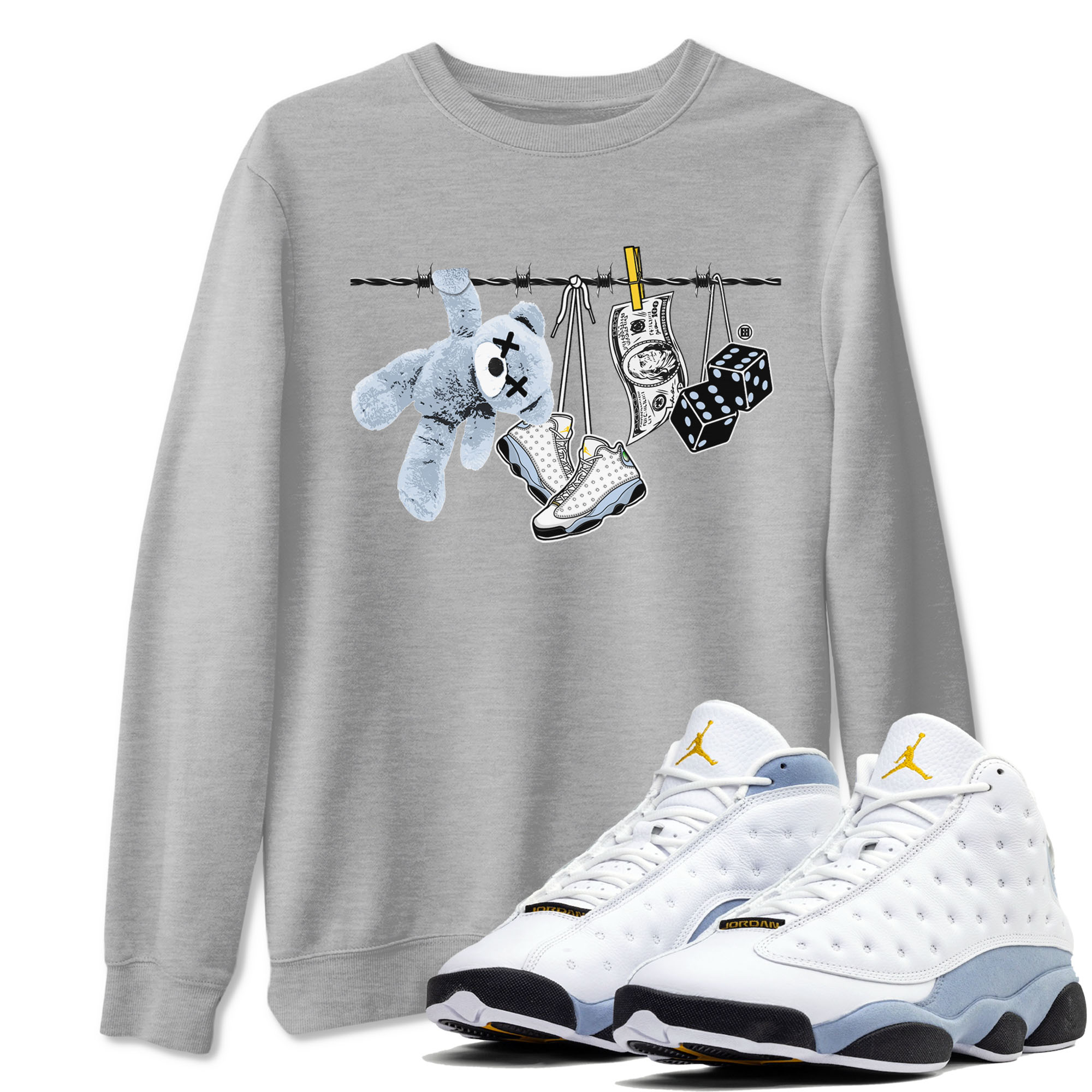 13s Blue Grey shirt to match jordans Clothesline sneaker tees Air Jordan 13 Retro Blue Grey Drip Gear Zone unisex cotton Heather Grey 1 crew neck shirt