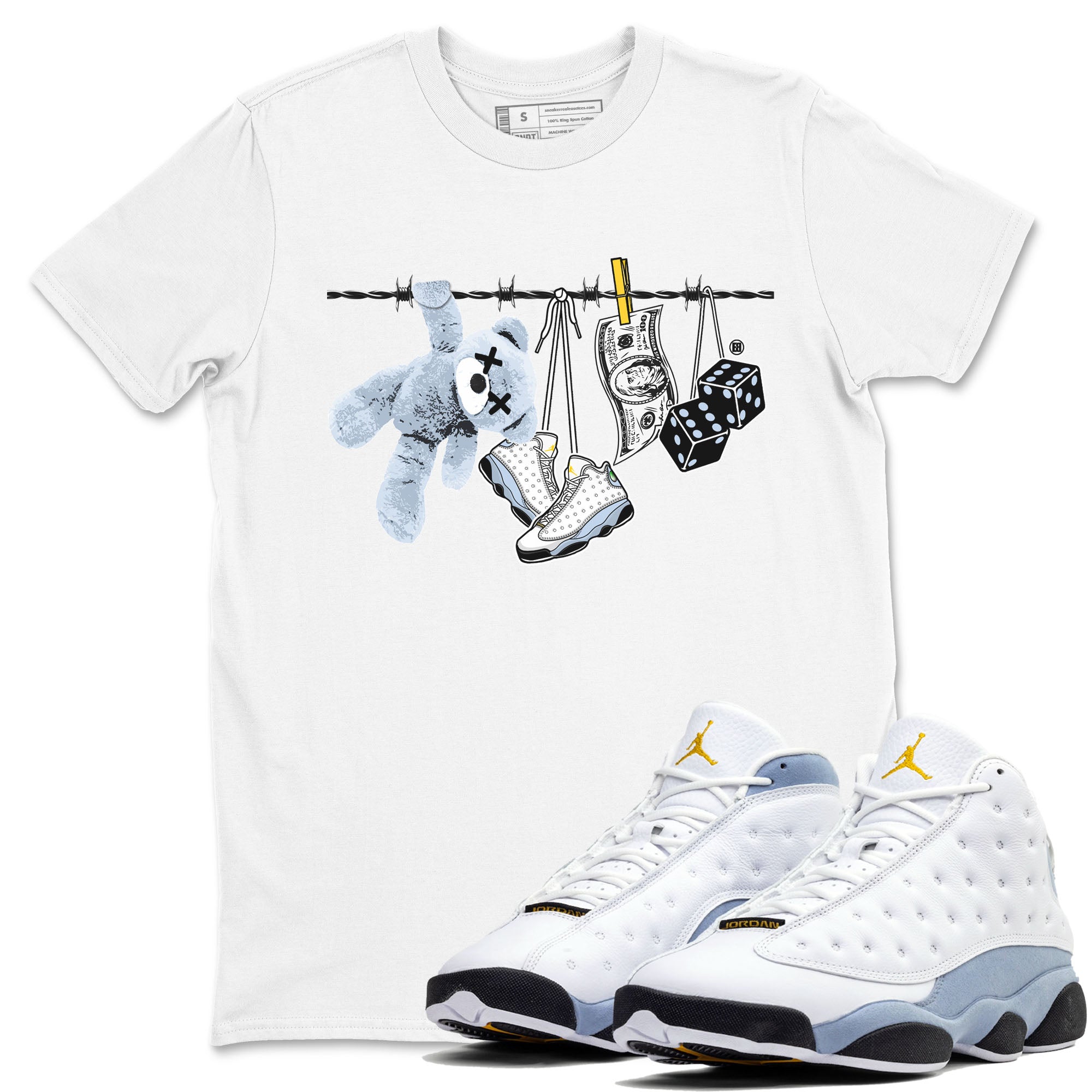 13s Blue Grey shirt to match jordans Clothesline sneaker tees Air Jordan 13 Retro Blue Grey Drip Gear Zone unisex cotton White 1 crew neck shirt