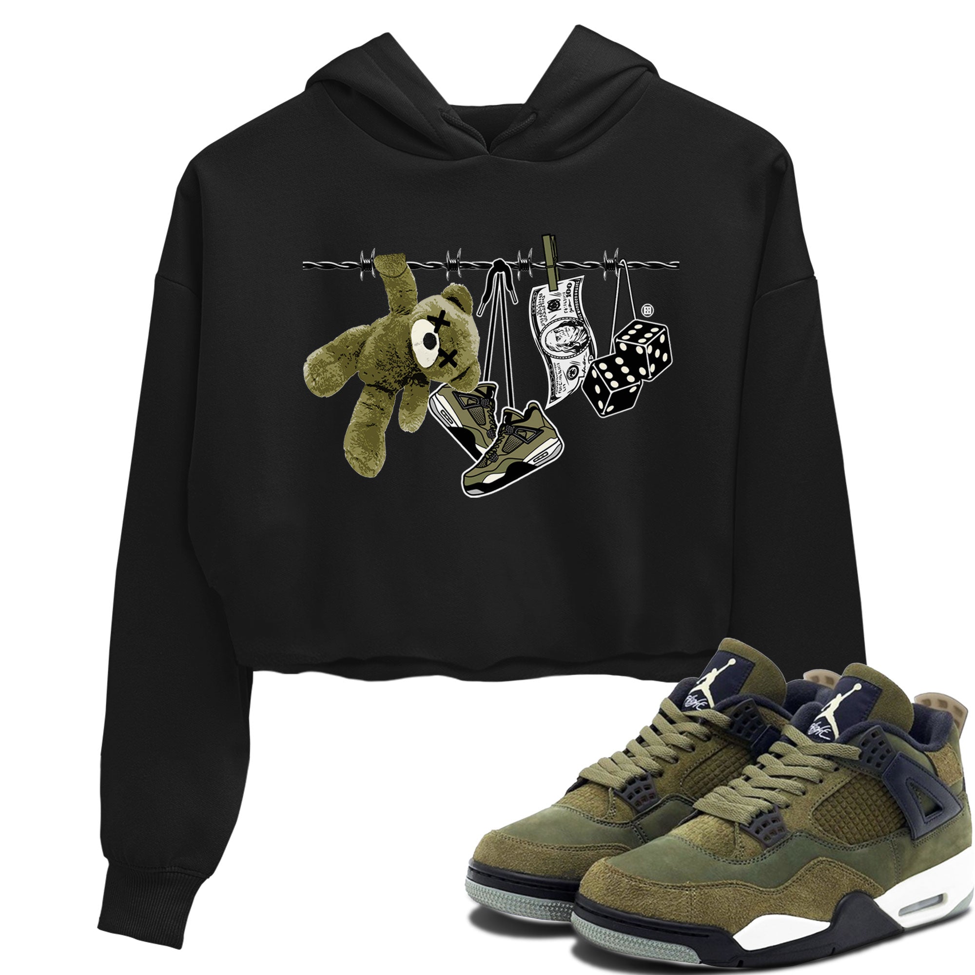 4s Medium Olive shirt to match jordans streetwear brand Clothesline sneaker tees Air Jordan 4 Medium Olive Drip Gear Zone Casual Crew Neck T-Shirt Black 1 Crop T-Shirt