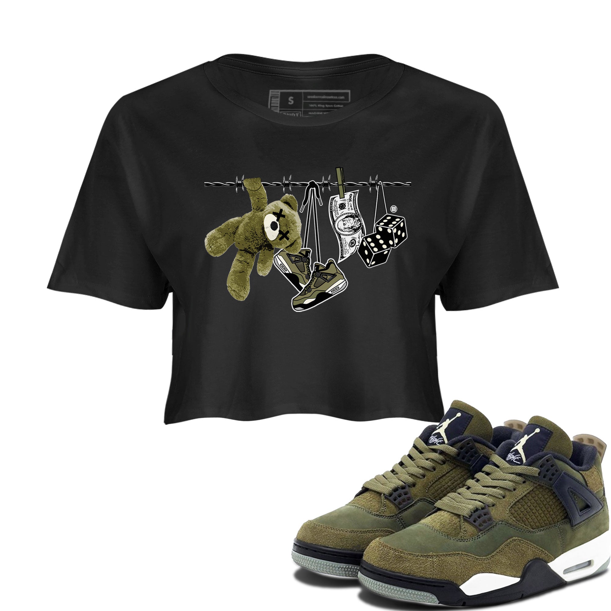 4s Medium Olive shirt to match jordans streetwear brand Clothesline sneaker tees Air Jordan 4 Medium Olive Drip Gear Zone Casual Crew Neck T-Shirt Black 1 Crop T-Shirt