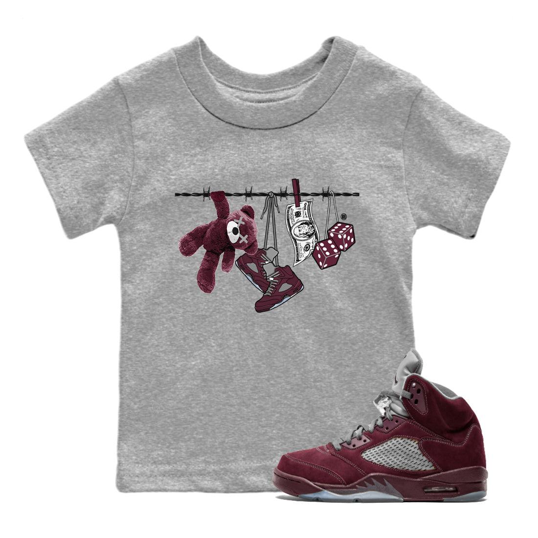 Air Jordan 5 Burgundy Sneaker Match Tees Clothesline Streetwear Sneaker Shirt 5s Burgundy Sneaker Release Tees Kids Shirts Heather Grey 1