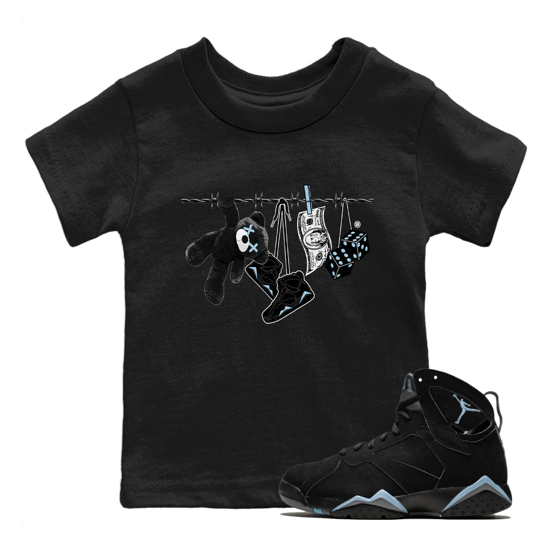 Air Jordan 7 Chambray Sneaker Match Tees Clothesline Streetwear Sneaker Shirt AJ7 Chambray Drip Gear Zone Sneaker Matching Clothing Kids Shirts Black 1