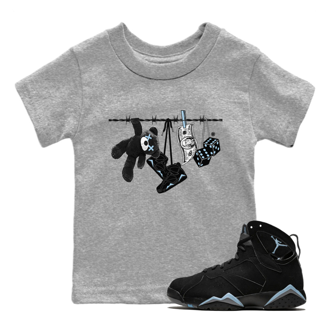 Air Jordan 7 Chambray Sneaker Match Tees Clothesline Streetwear Sneaker Shirt AJ7 Chambray Drip Gear Zone Sneaker Matching Clothing Kids Shirts Heather Grey 1