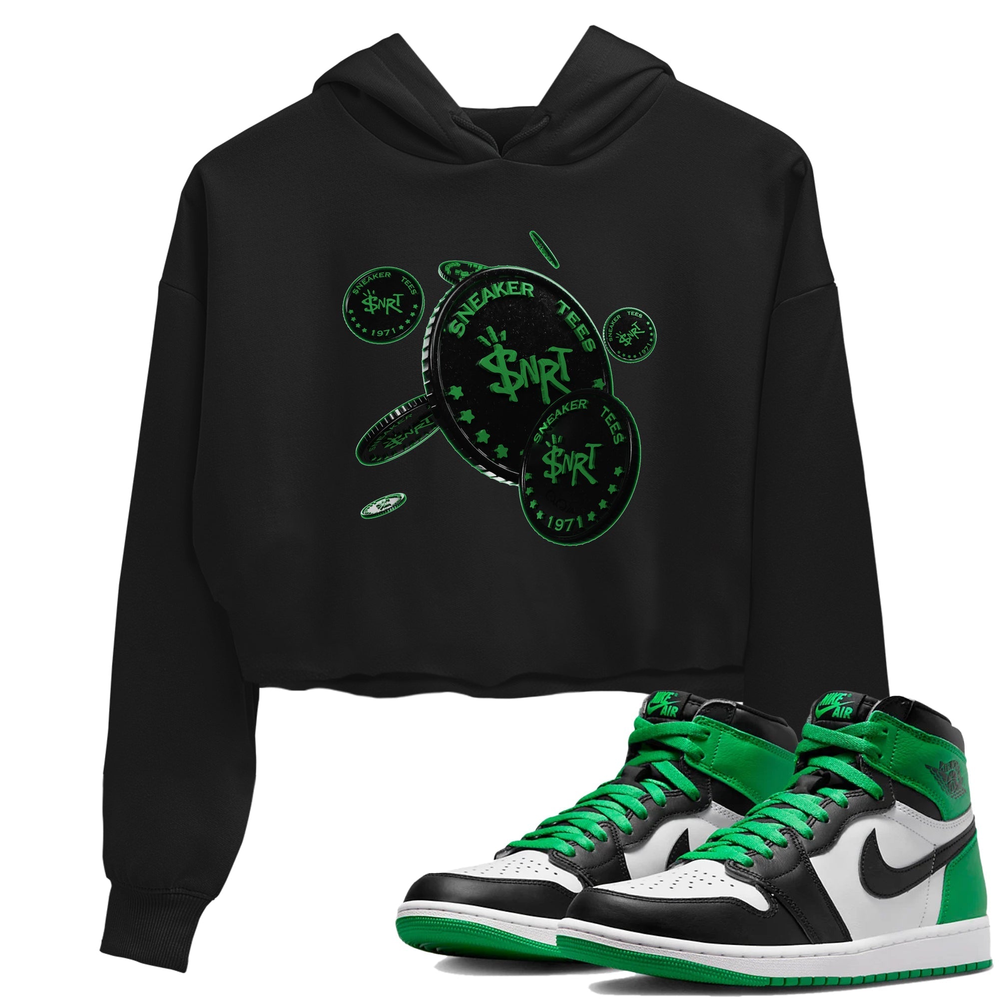 Air Jordan 1 Celtics Sneaker Match Tees Coin Drop Streetwear Sneaker Shirt AJ1 High OG Lucky Green Sneaker Release Tees Women's Shirts Black 1