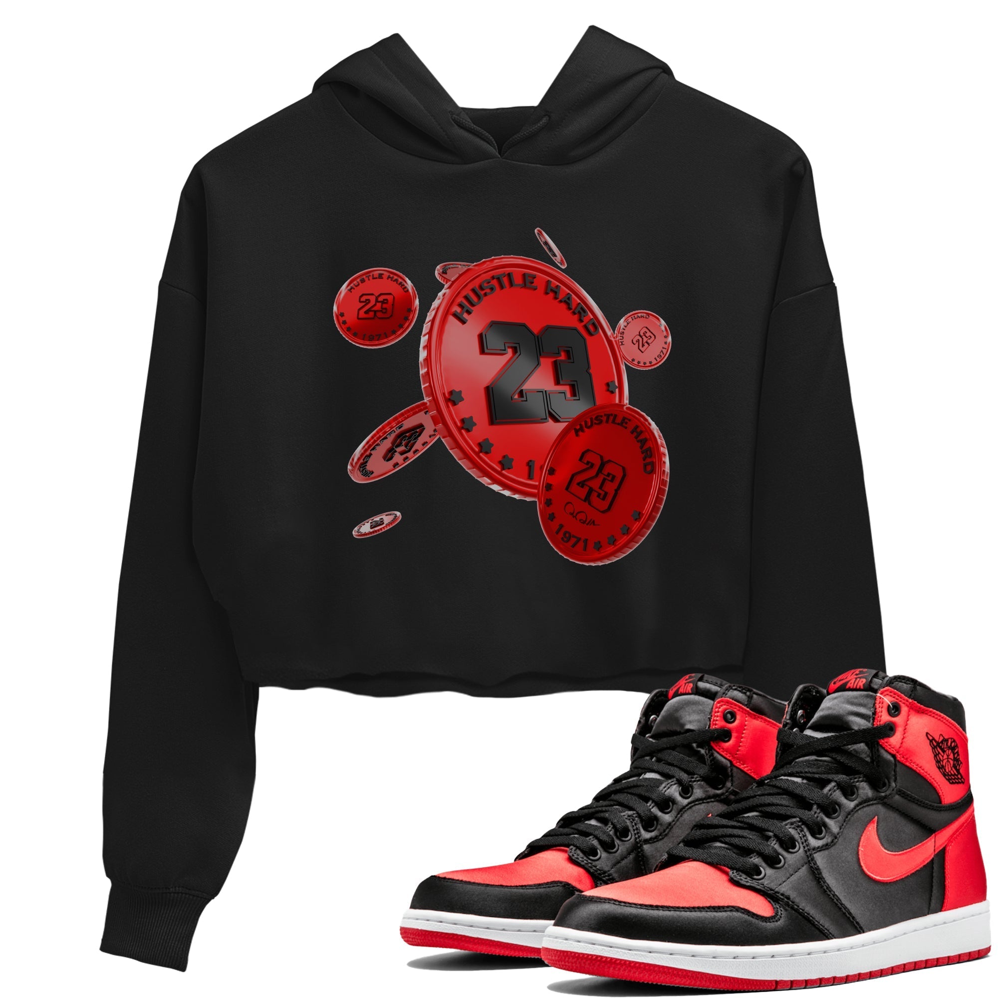 Air Jordan 1 Satin Bred Sneaker Match Tees Coin Drop Sneaker Tees AJ1 Satin Bred Sneaker Release Tees Women's Shirts Black 1