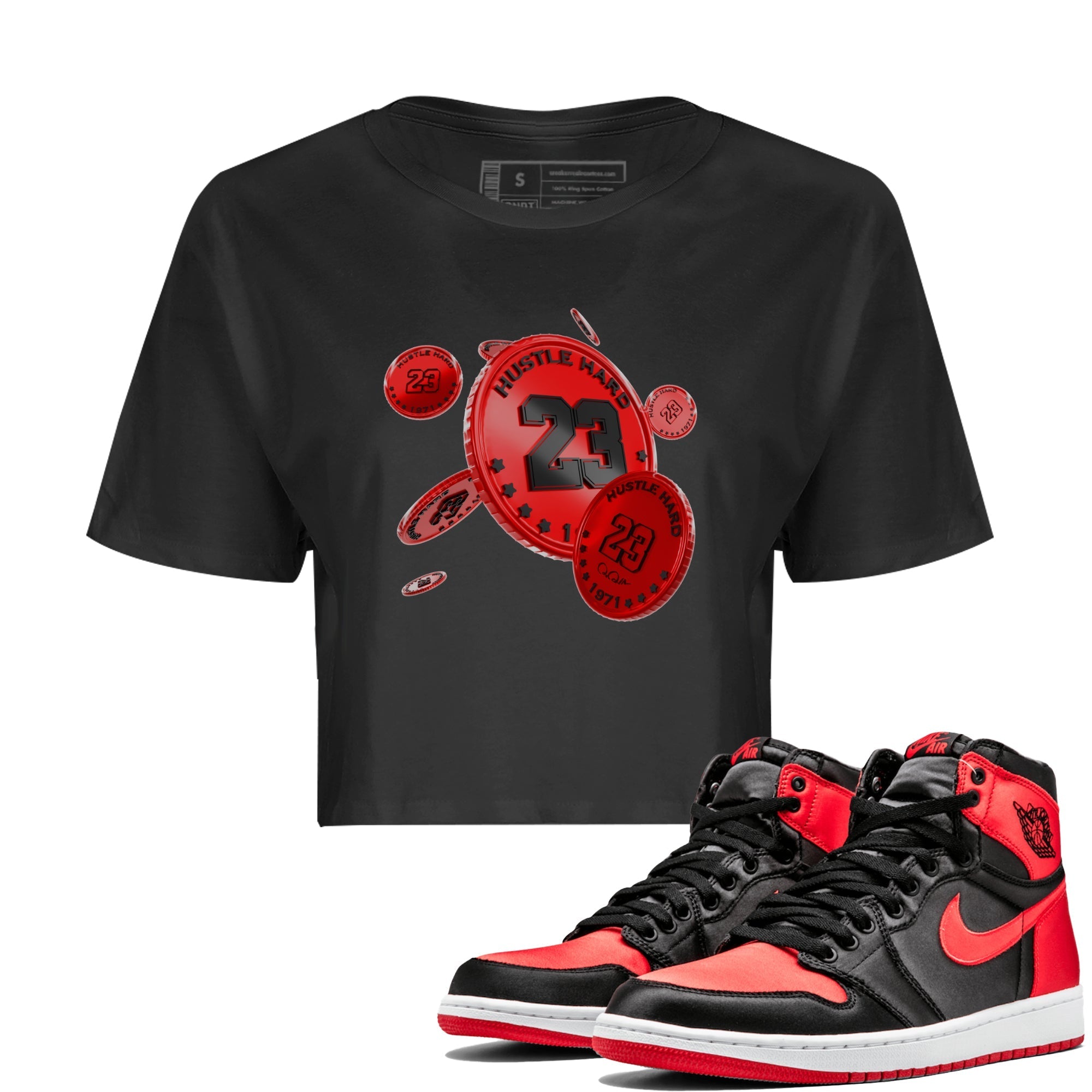 Air Jordan 1 Satin Bred Sneaker Match Tees Coin Drop Sneaker Tees AJ1 Satin Bred Sneaker Release Tees Women's Shirts Black 1