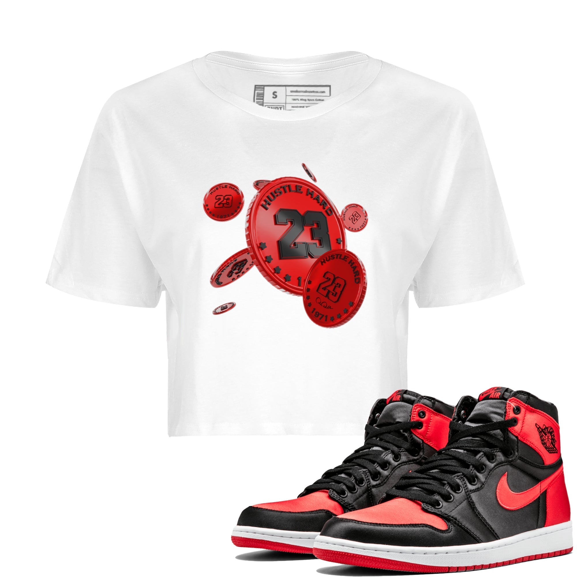 Air Jordan 1 Satin Bred Sneaker Match Tees Coin Drop Sneaker Tees AJ1 Satin Bred Sneaker Release Tees Women's Shirts White 1